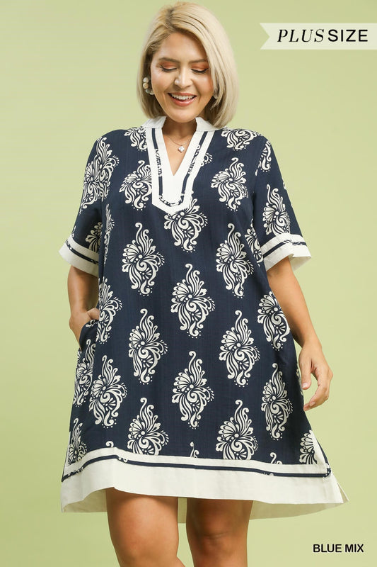 Navy Abstract Print Mini Dress (PLUS)