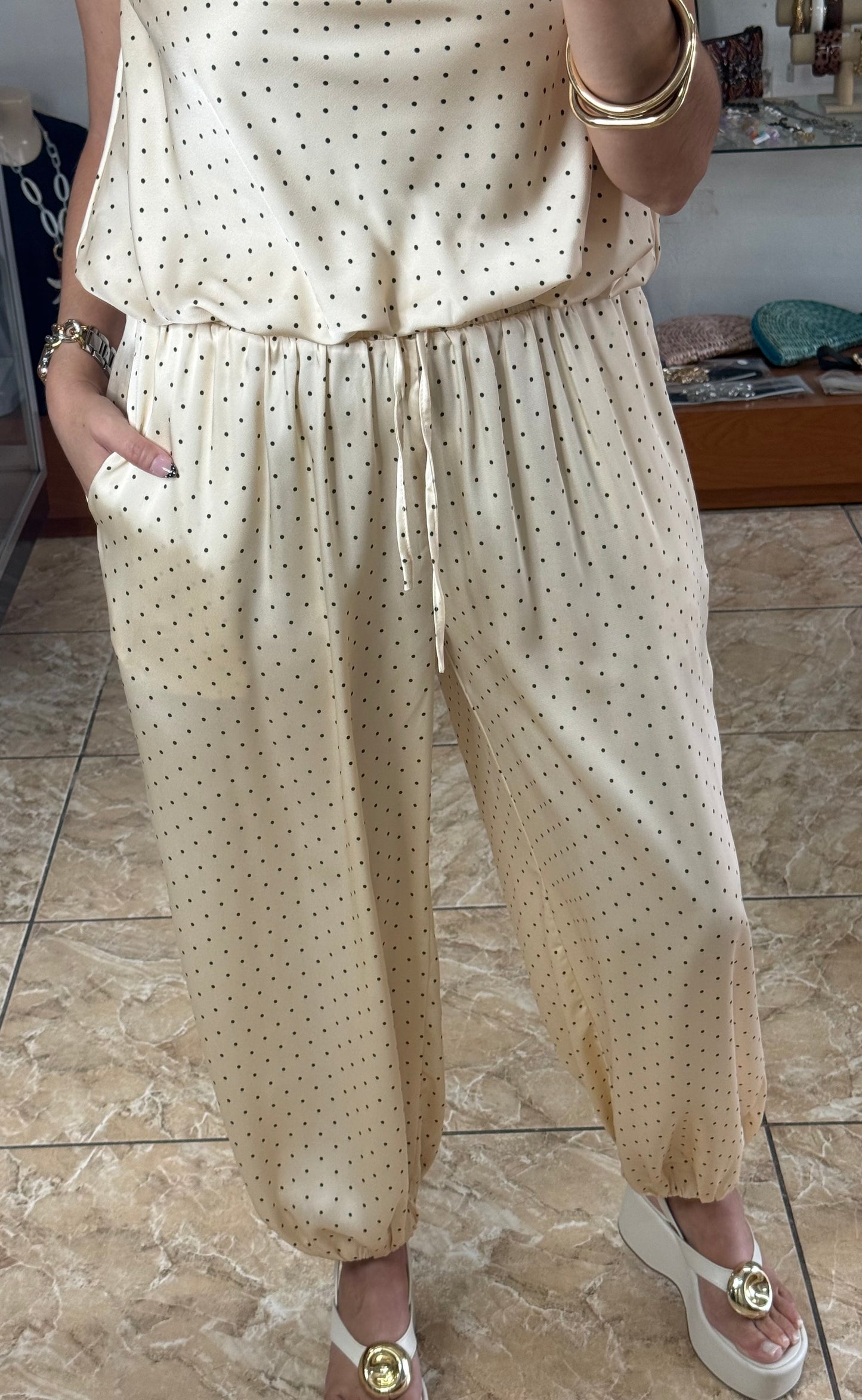 Ecru Polkadot Satin Top & Pant Set