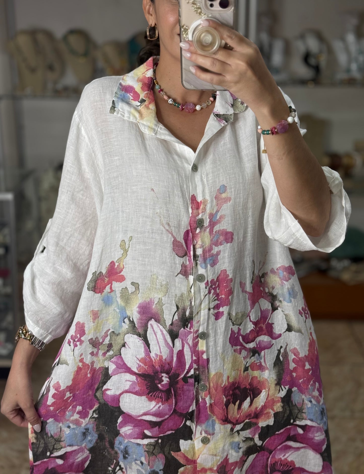 Pink Flowers OS Linen Dress (NO RETURNS OR EXCHANGE)