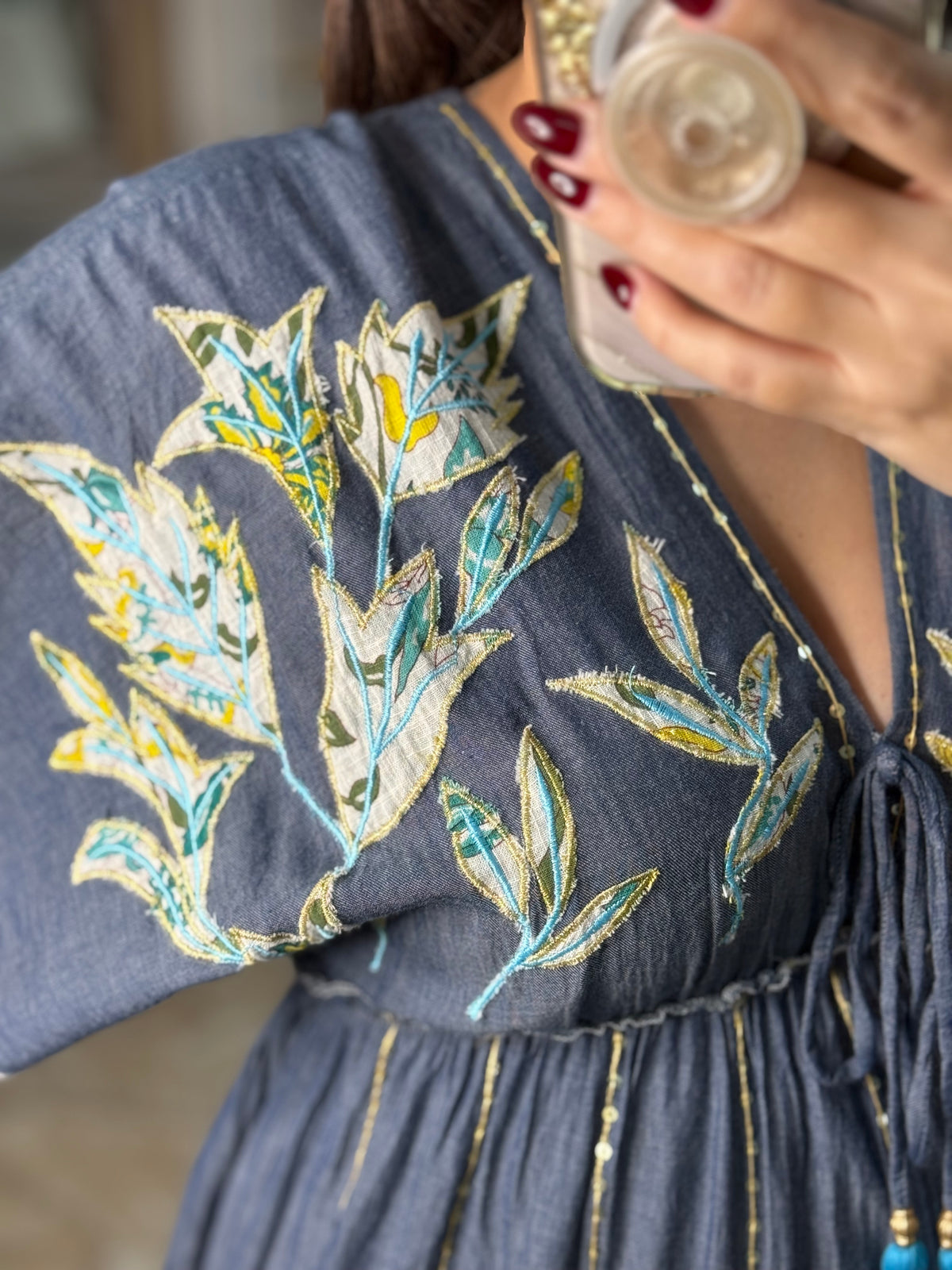 Embroidered Chambray Maxi Dress