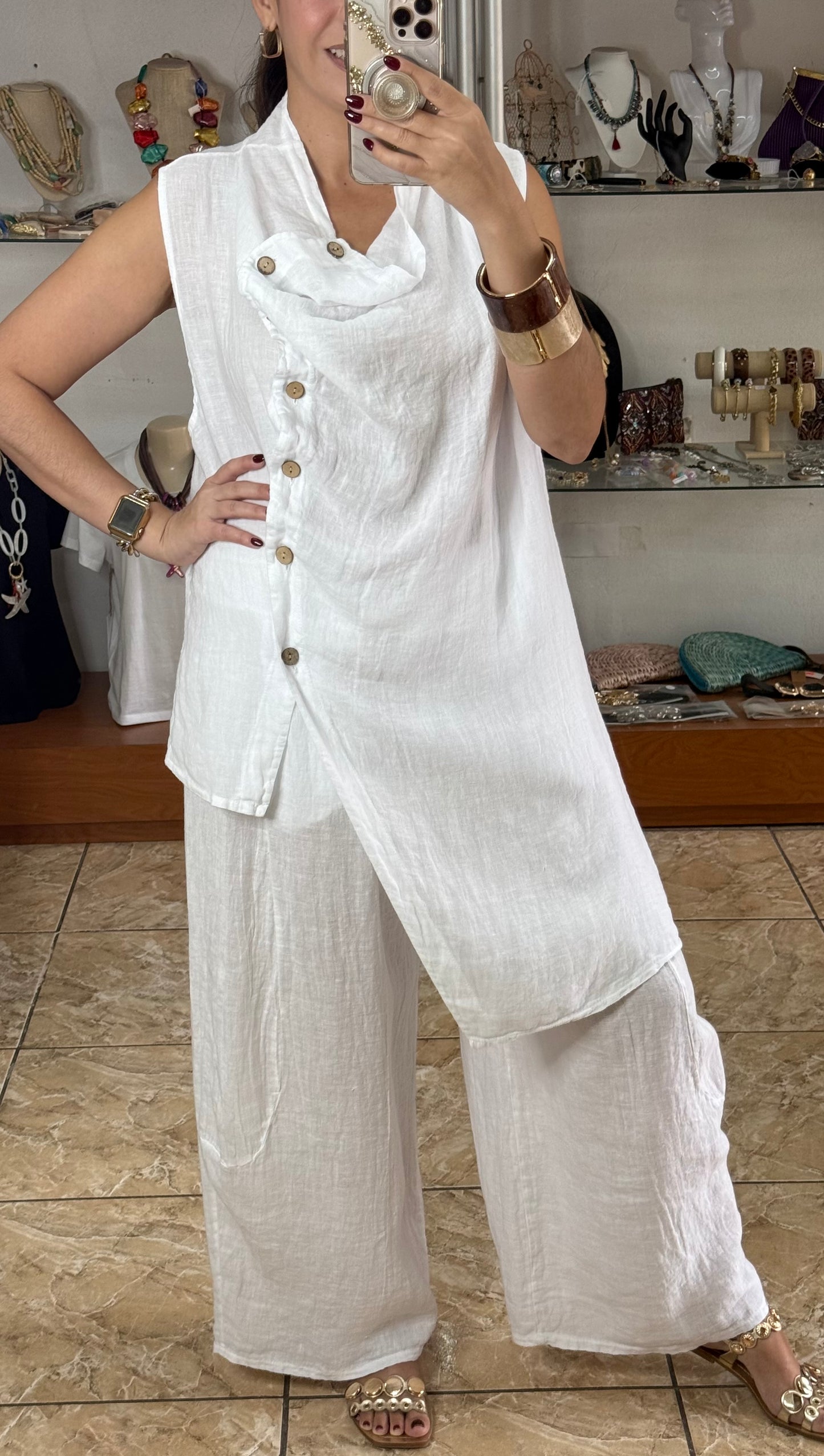 OS Linen Asymmetrical Top & Barrel Pant Set (NO RETURNS OR EXCHANGE)