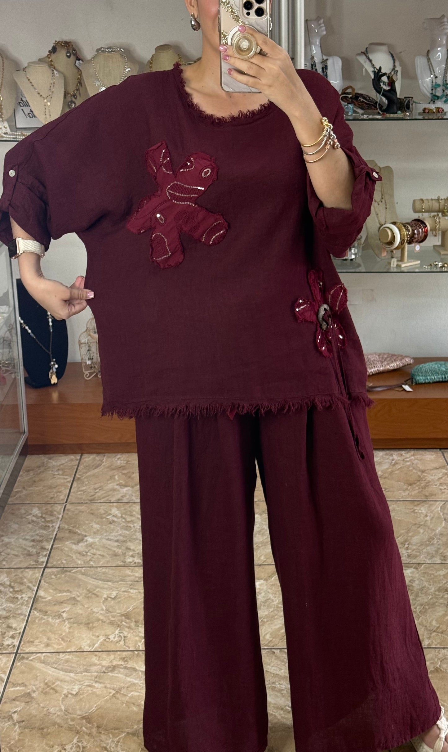 Flower Details OS Linen Pant Set (FINAL SALE)