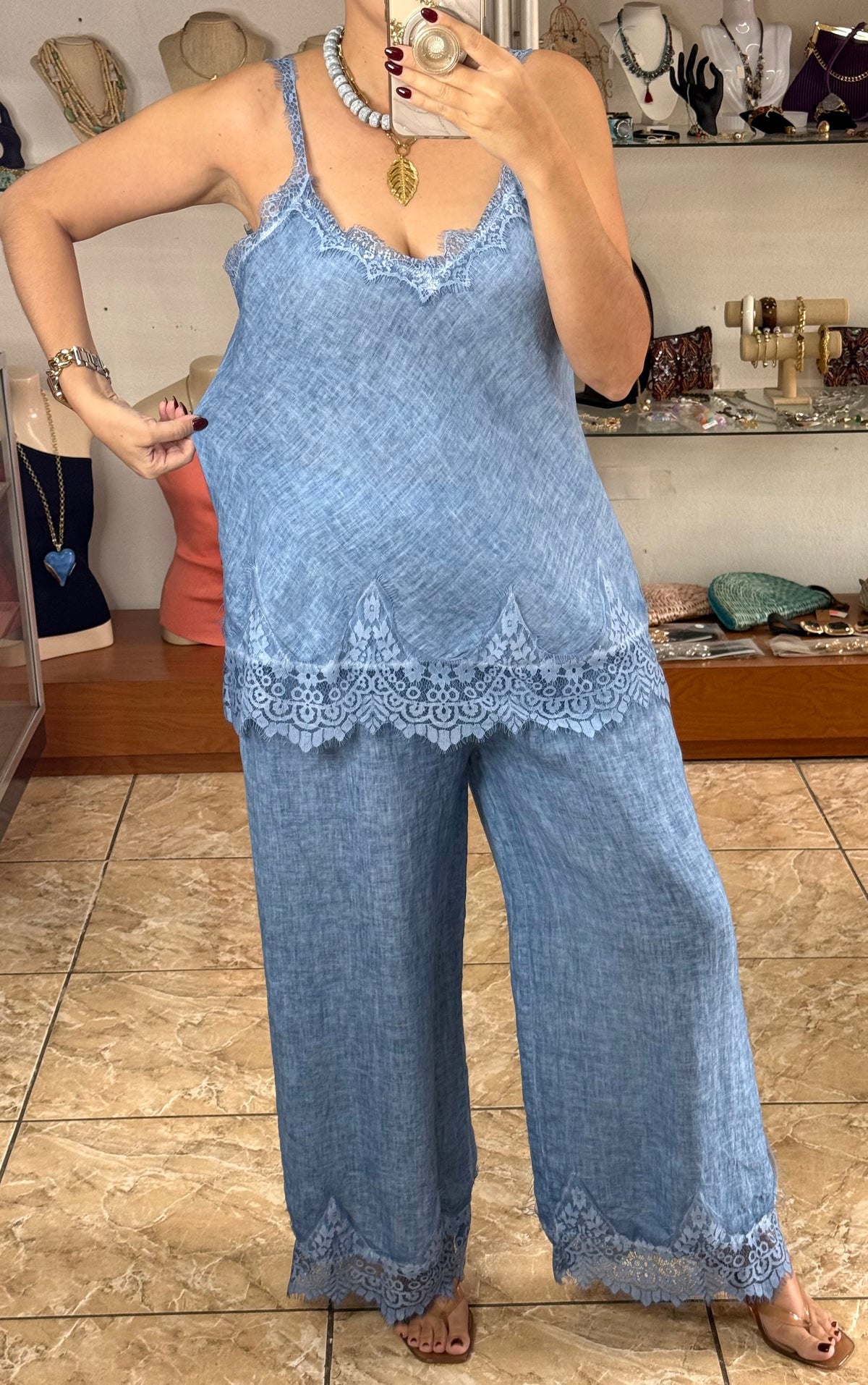 Linen/Lace Top & Pant OS Set (NO RETURNS OR EXCHANGE)