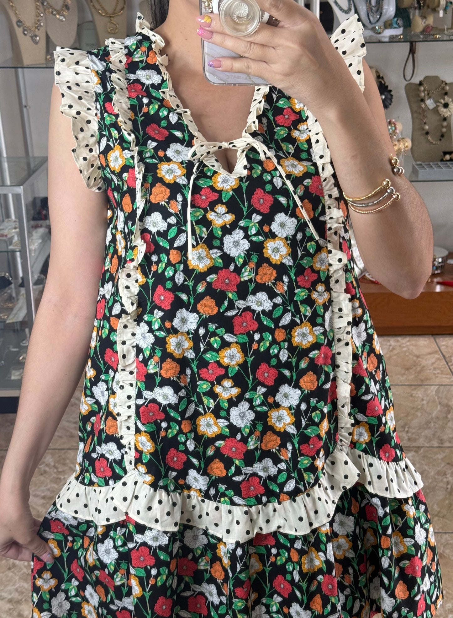 Sleeveless Polka Ruffles Floral Dress
