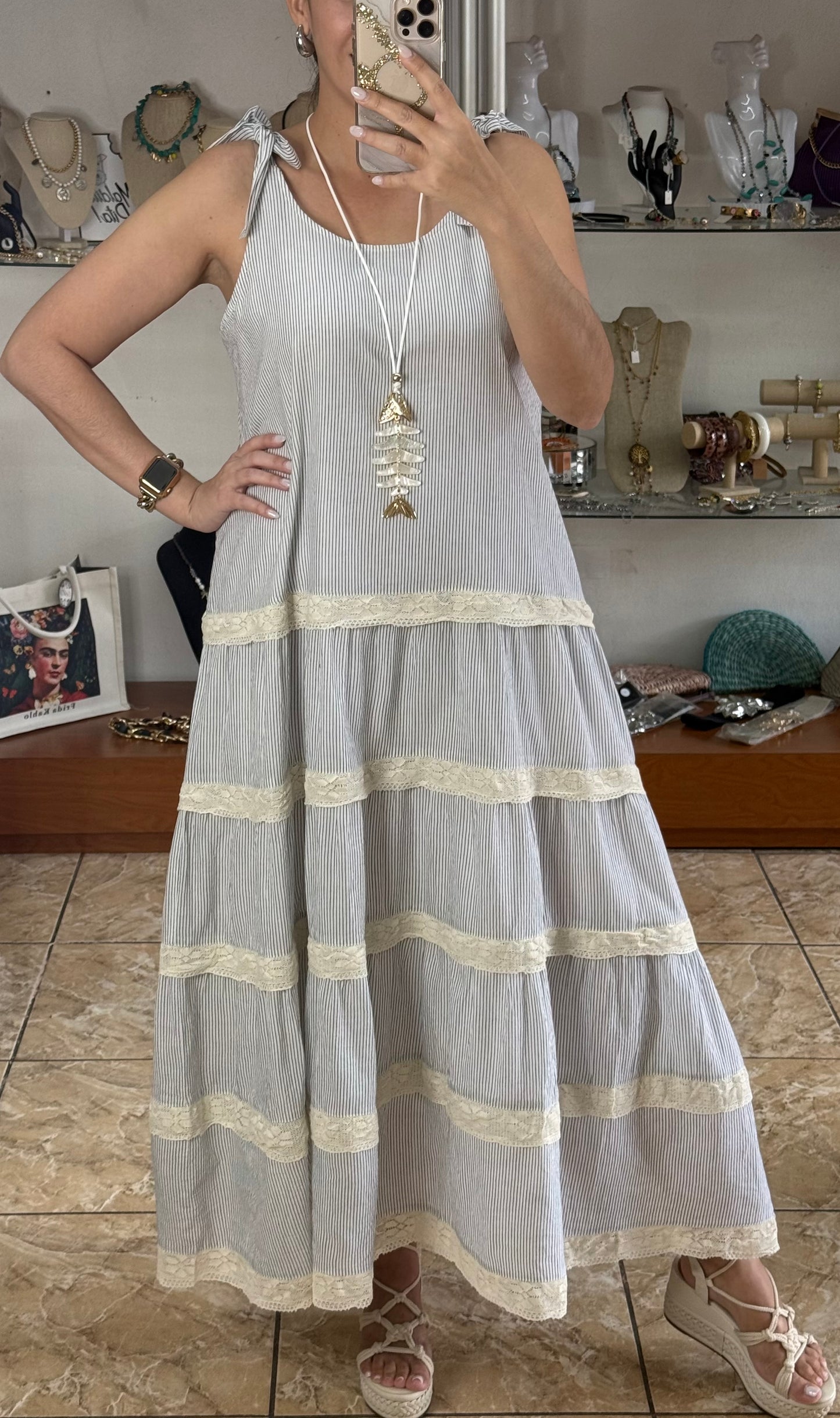 Blue/Cream Stripes with Lace Details Maxi Dress