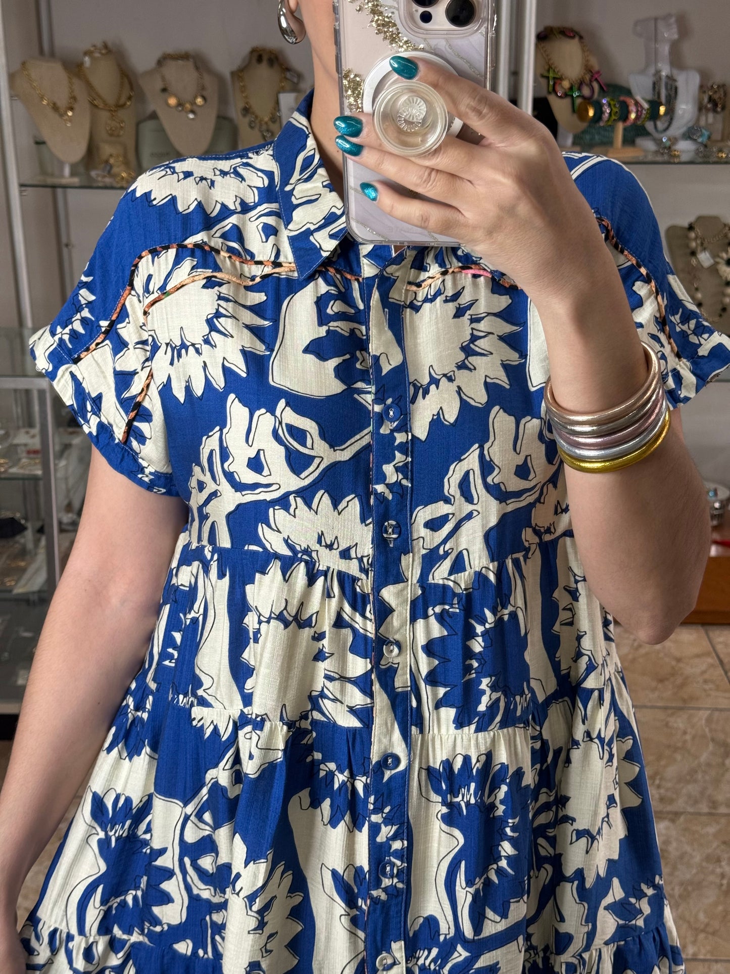 White/Blue with Leopard Detail Dress