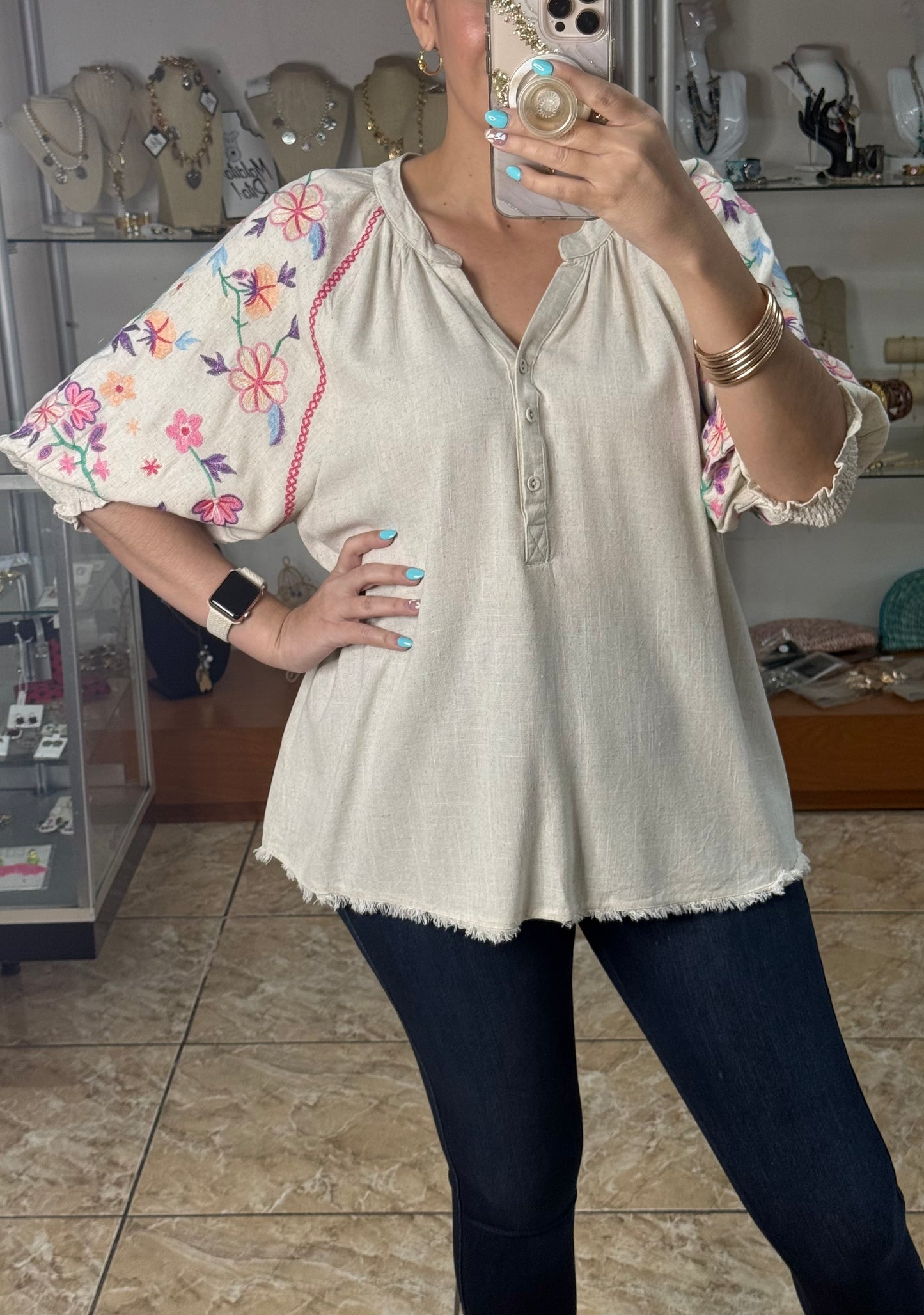 Cream Floral Embroidered Top
