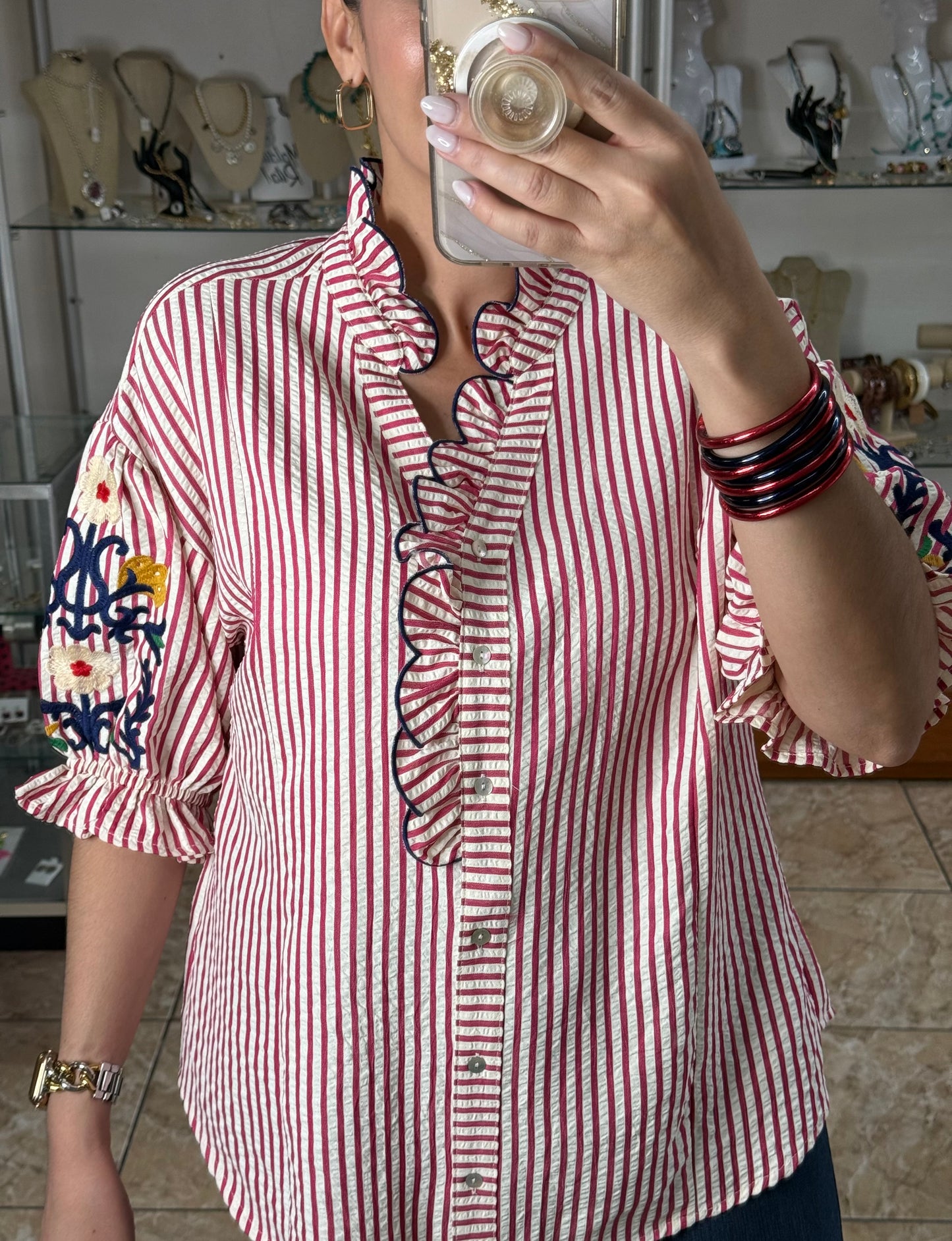 Raspberry Stripes Embroidered Sleeves Top