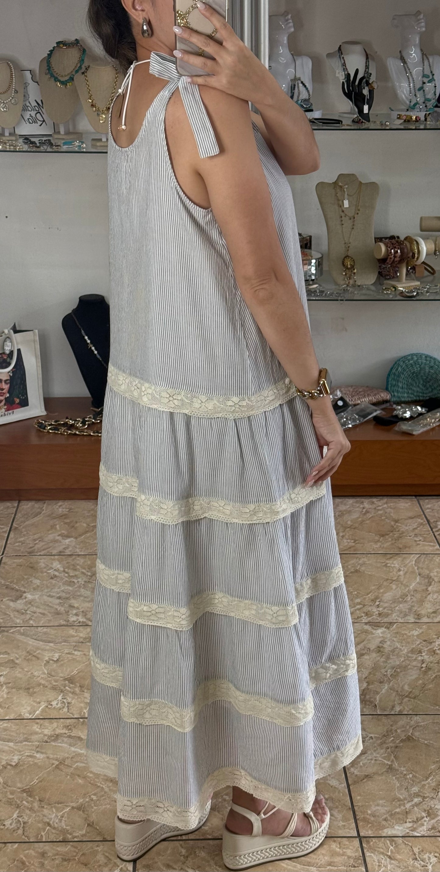 Blue/Cream Stripes with Lace Details Maxi Dress
