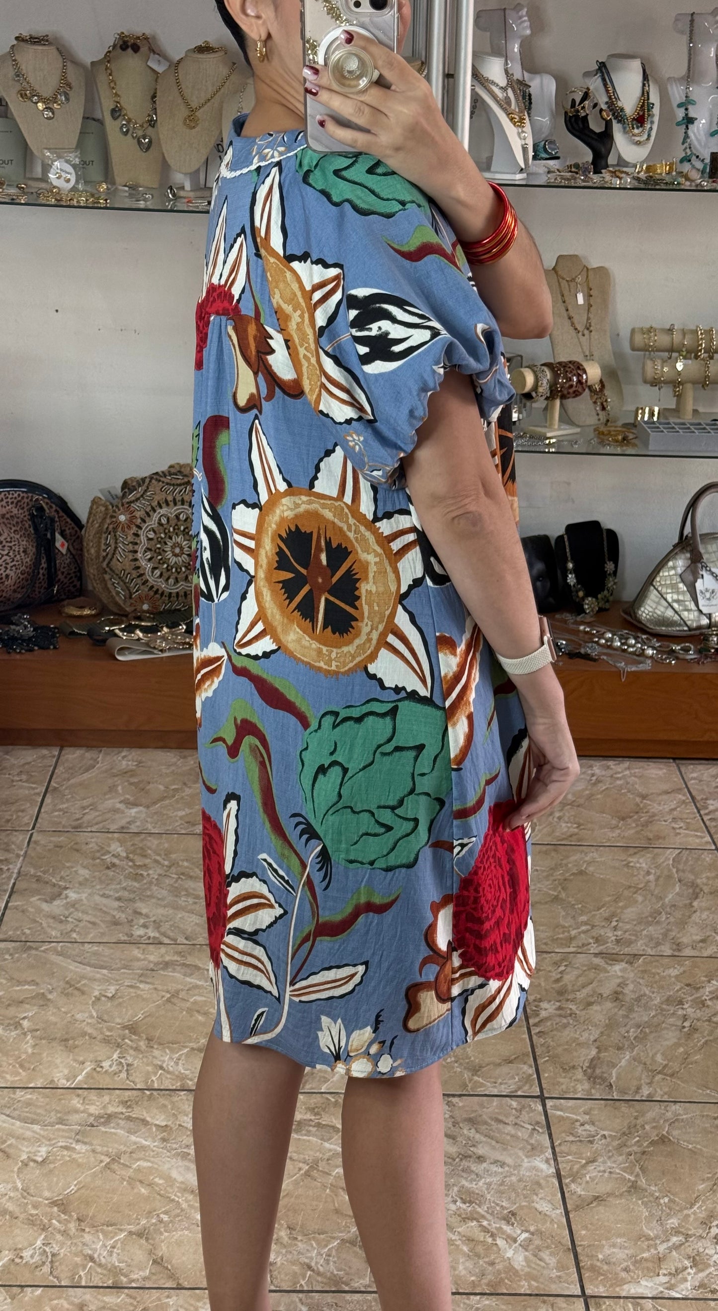 Blue Floral Puff Sleeves Dress