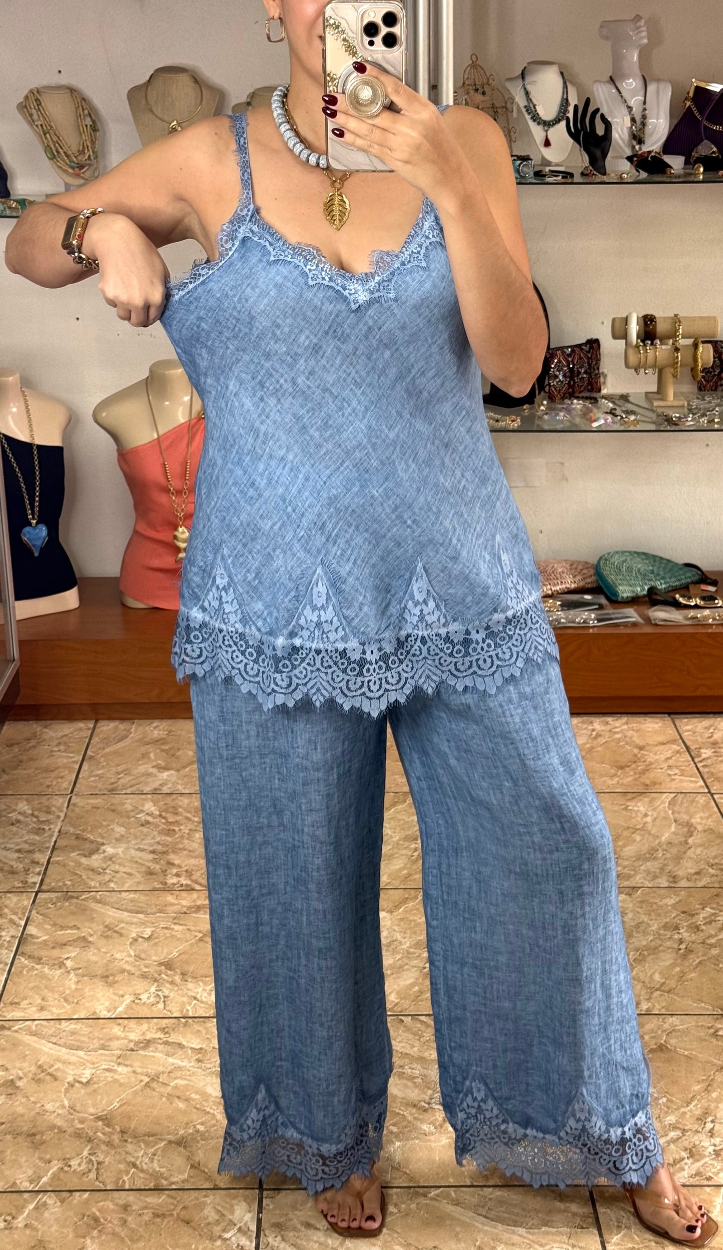 Linen/Lace Top & Pant OS Set (NO RETURNS OR EXCHANGE)