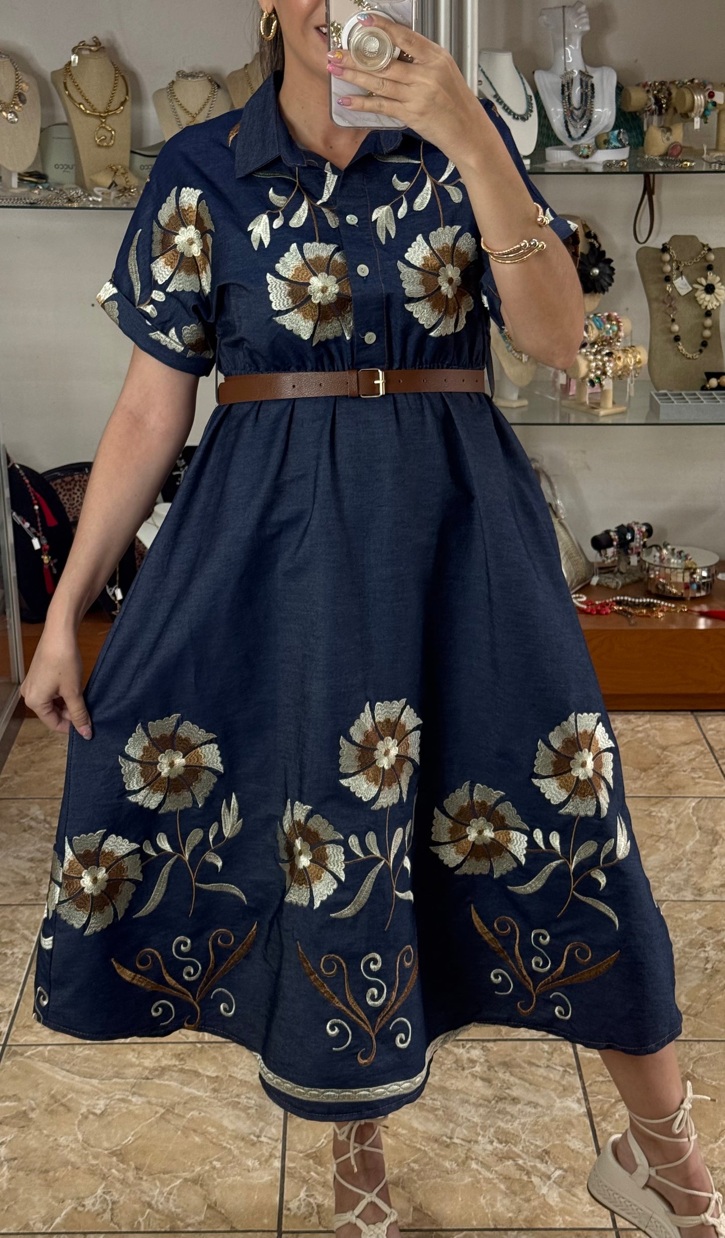 Floral Embroidered OS Denim Dress (FINAL SALE)