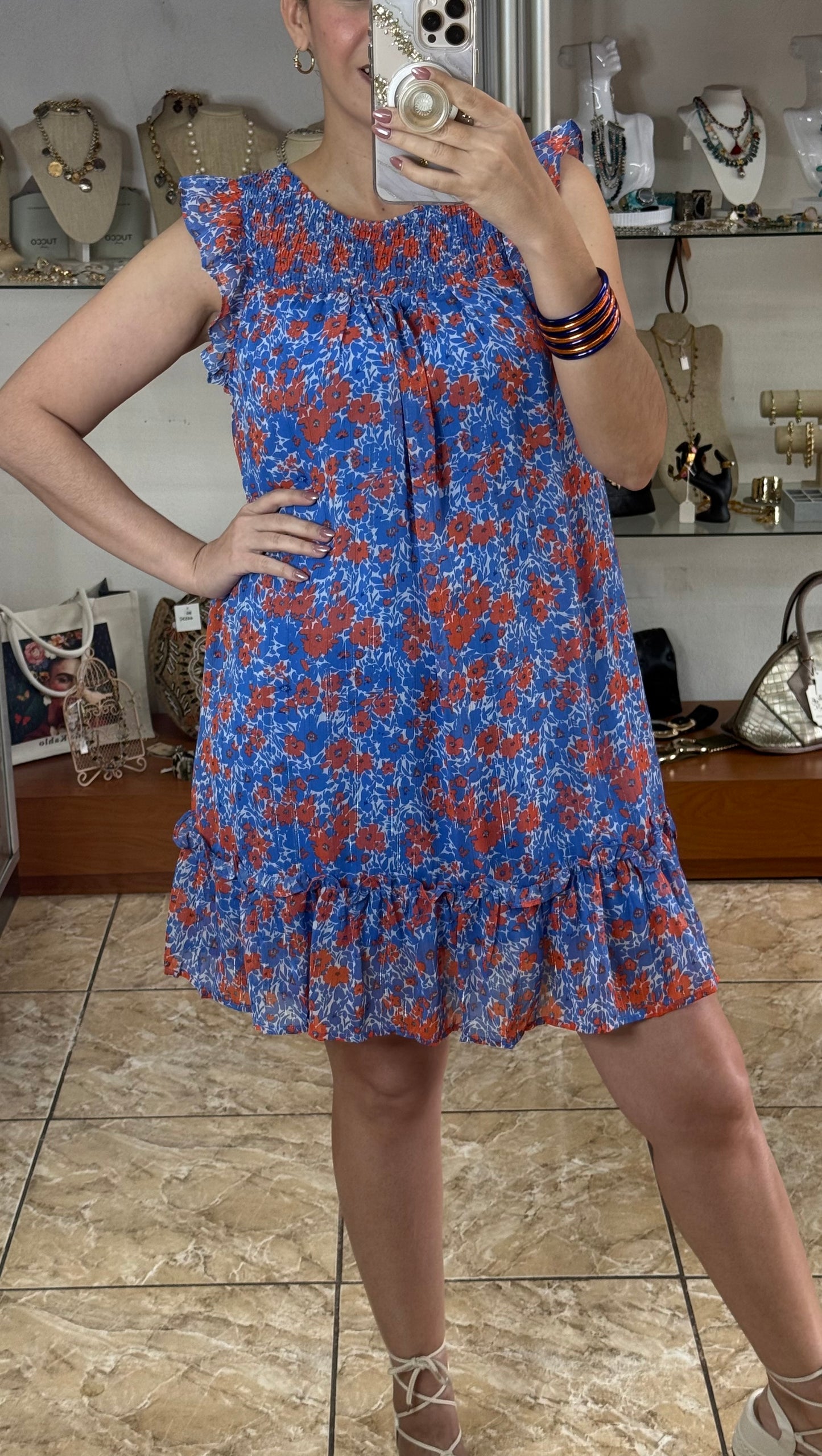 Blue/Orange Floral Sleeveless Dress