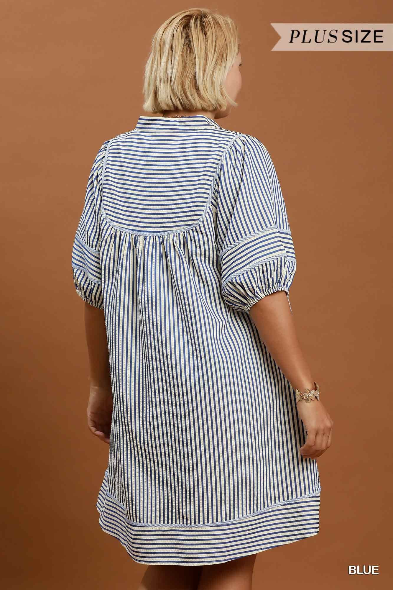 Blue Striped Puff Sleeve Shift Dress (PLUS)