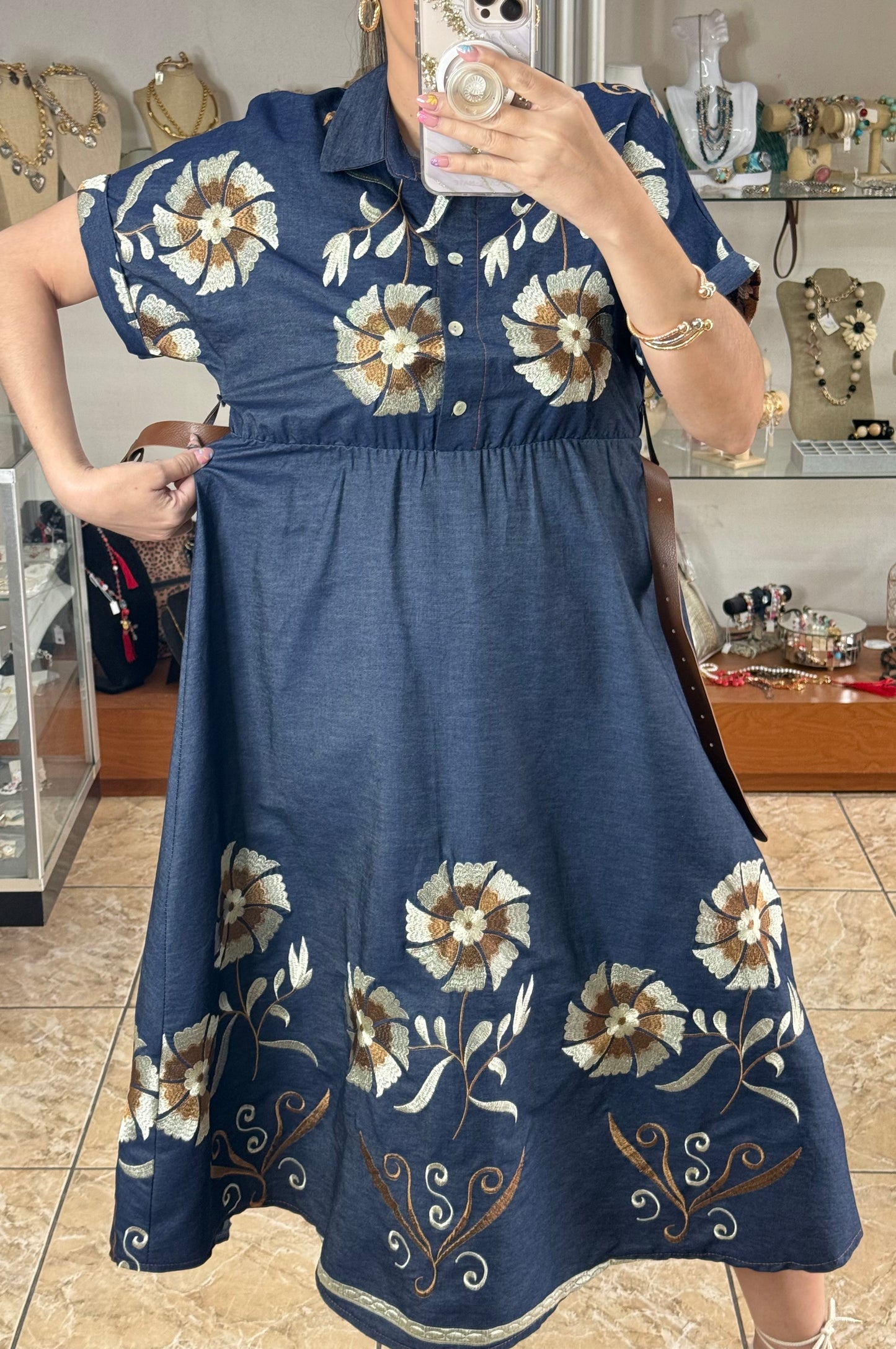 Floral Embroidered OS Denim Dress (FINAL SALE)