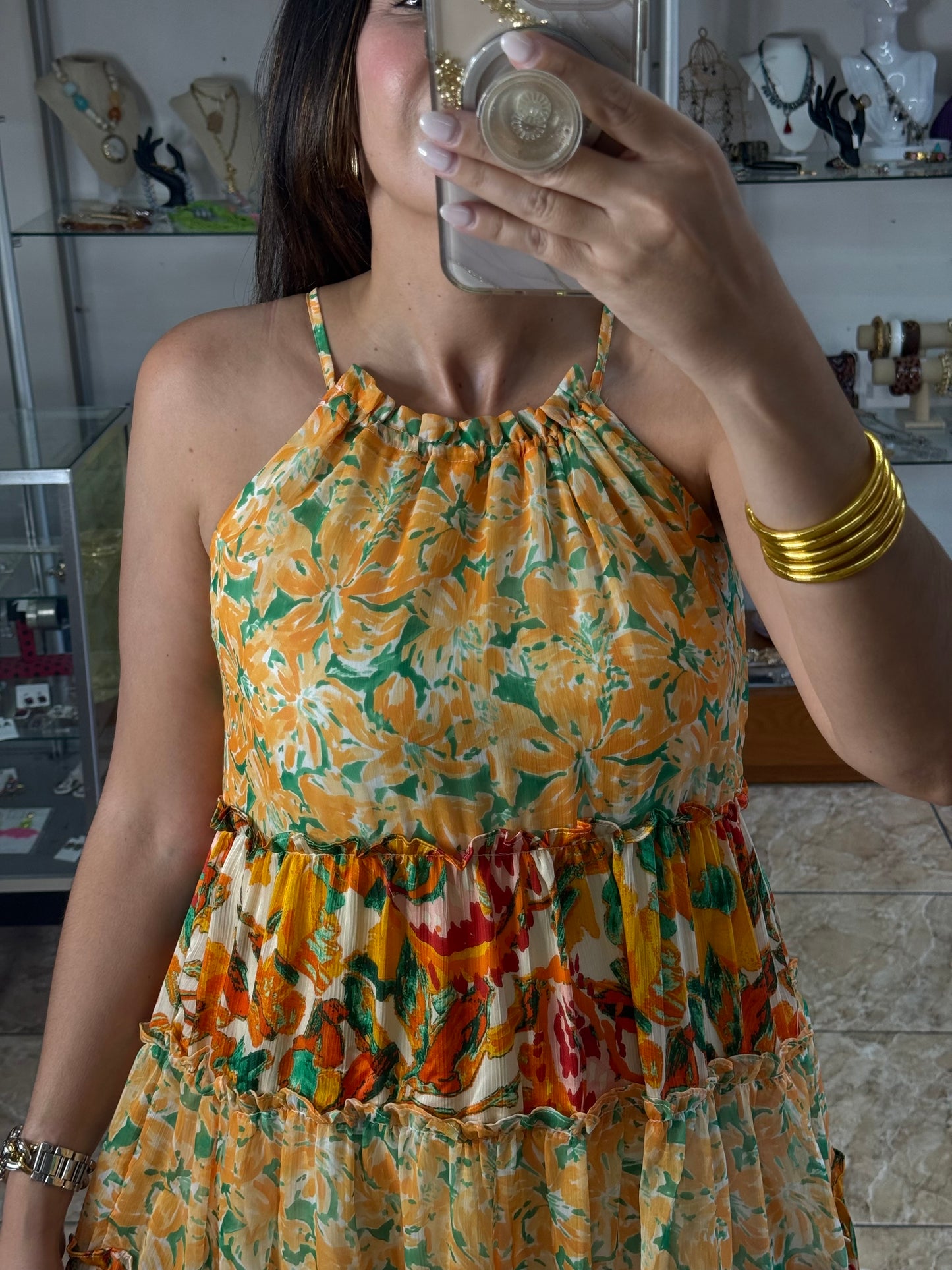 Orange Halter Floral Mini Dress