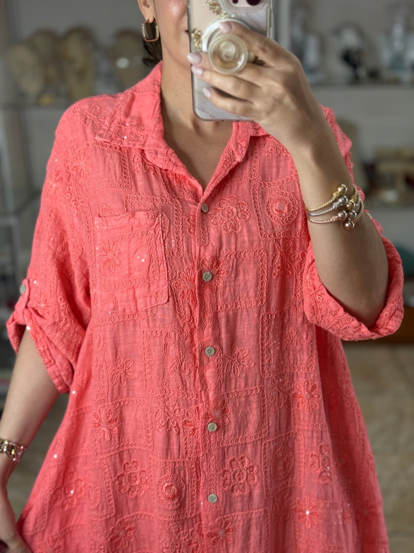 OS Sequins Embroidered Linen Maxi Dress (NO RETURNS OR EXCHANGE)