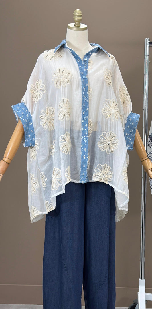 OS Floral Tunic Top with Denim Details (NO RETURNS OR EXCHANGE)