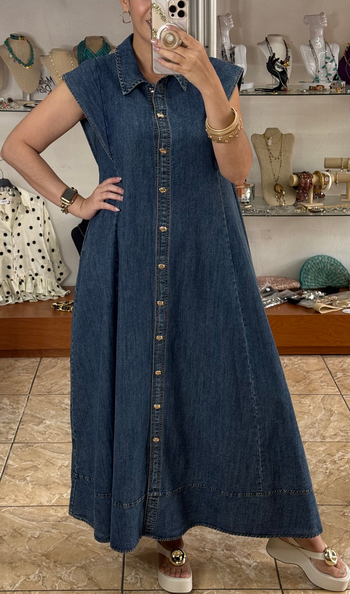 Gold Buttons Denim Maxi Dress