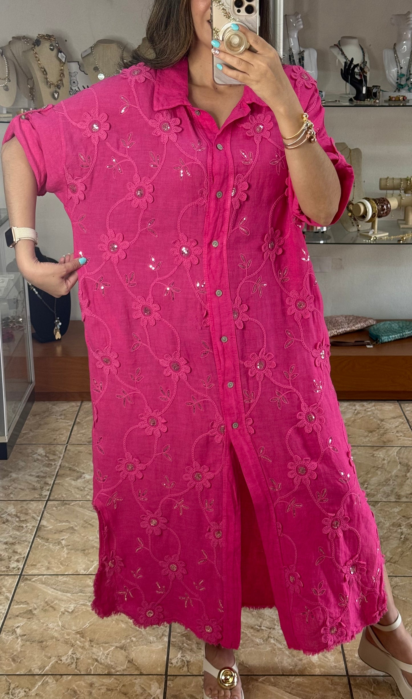 OS Embroidered/Sequins Linen Maxi Dress (NO RETURNS OR EXCHANGE)