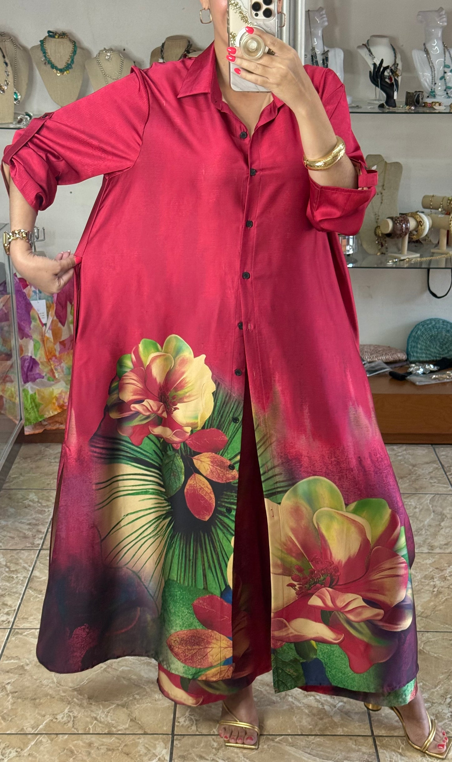 Pink Floral Silk OS Top/Dress & Pant Set (NO RETURNS OR EXCHANGE)