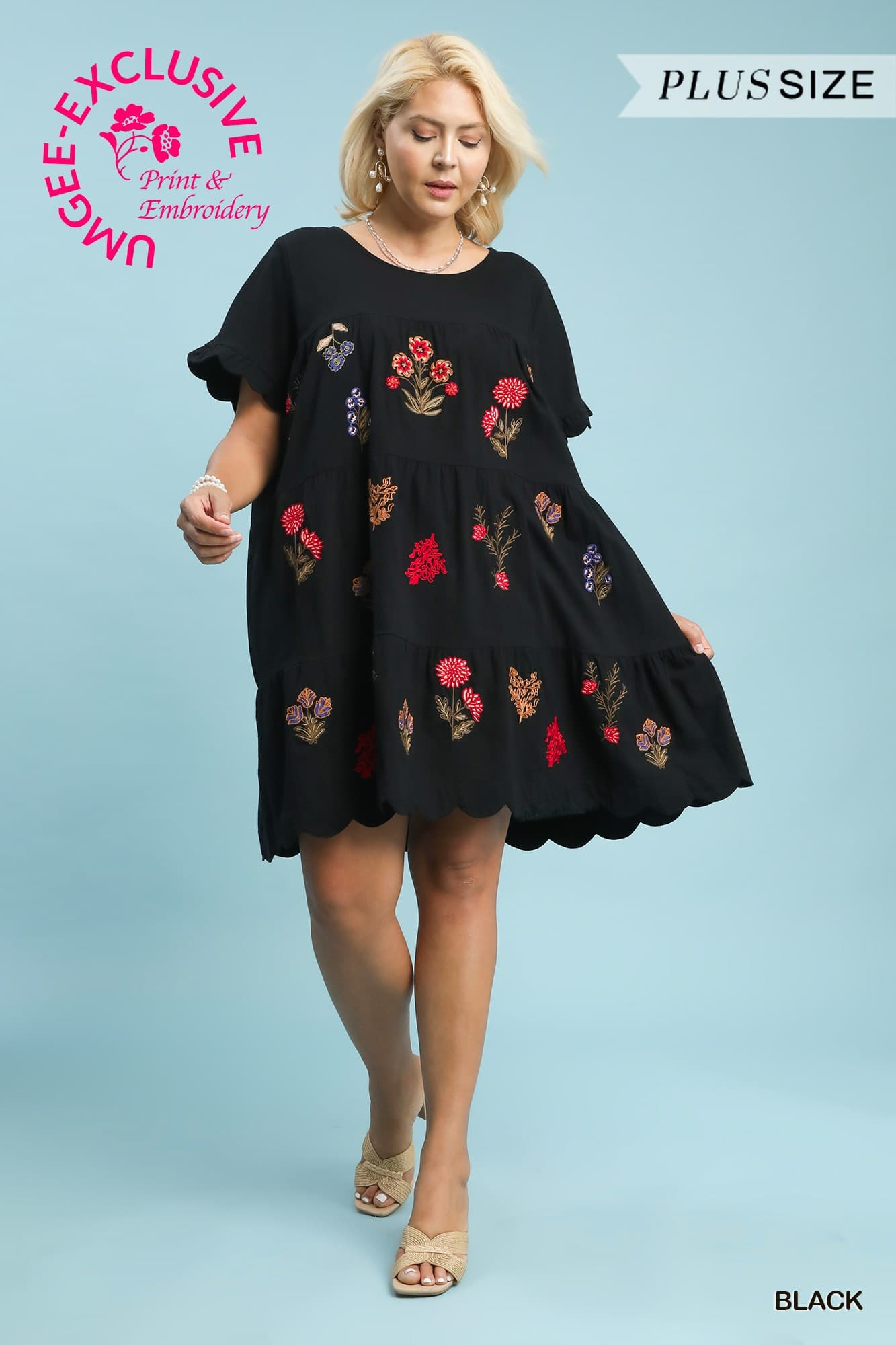Black Floral Embroidered Tiered Babydoll Dress (PLUS)