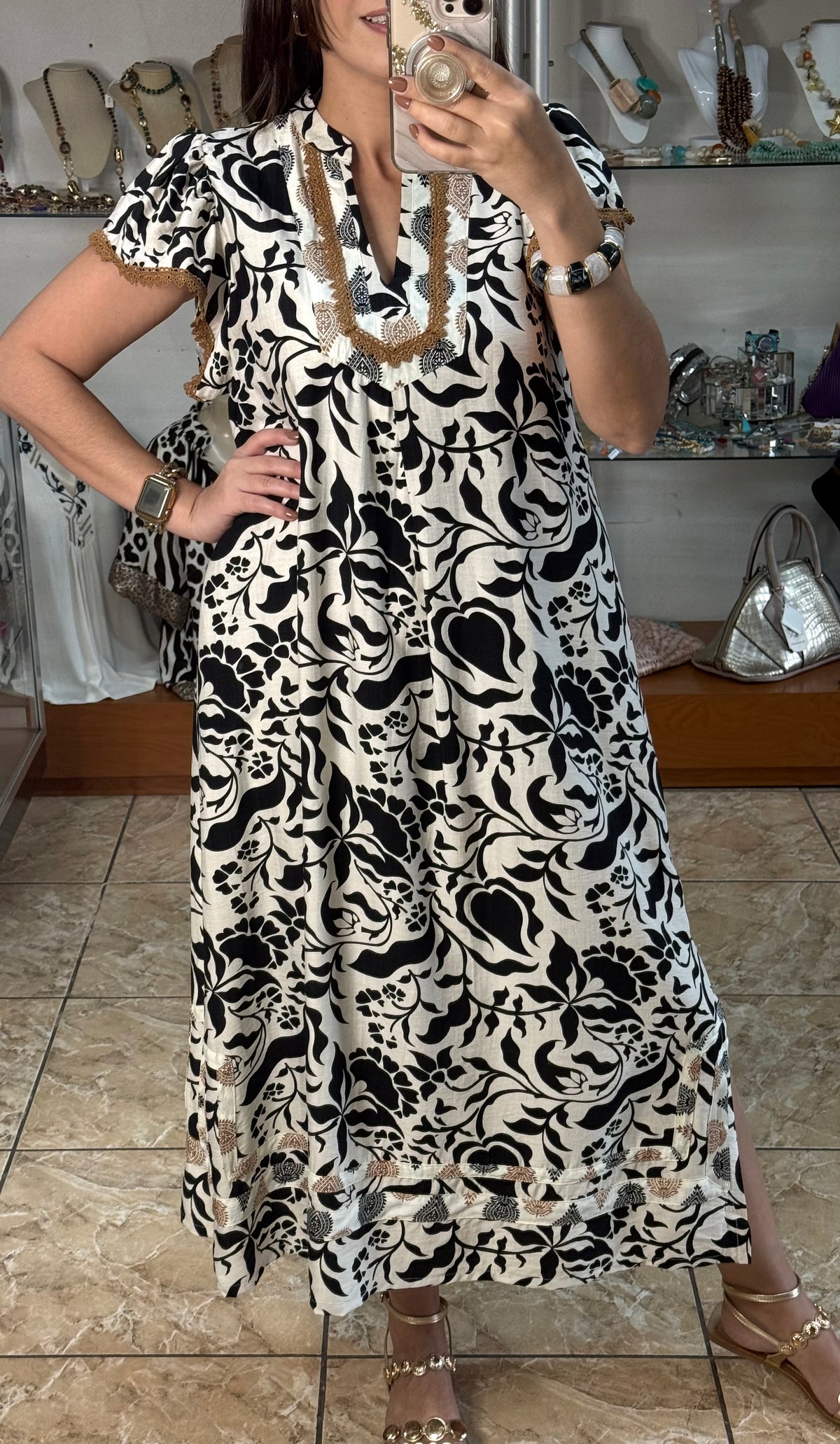 Flutter Sleeve Border Print Midi Dress