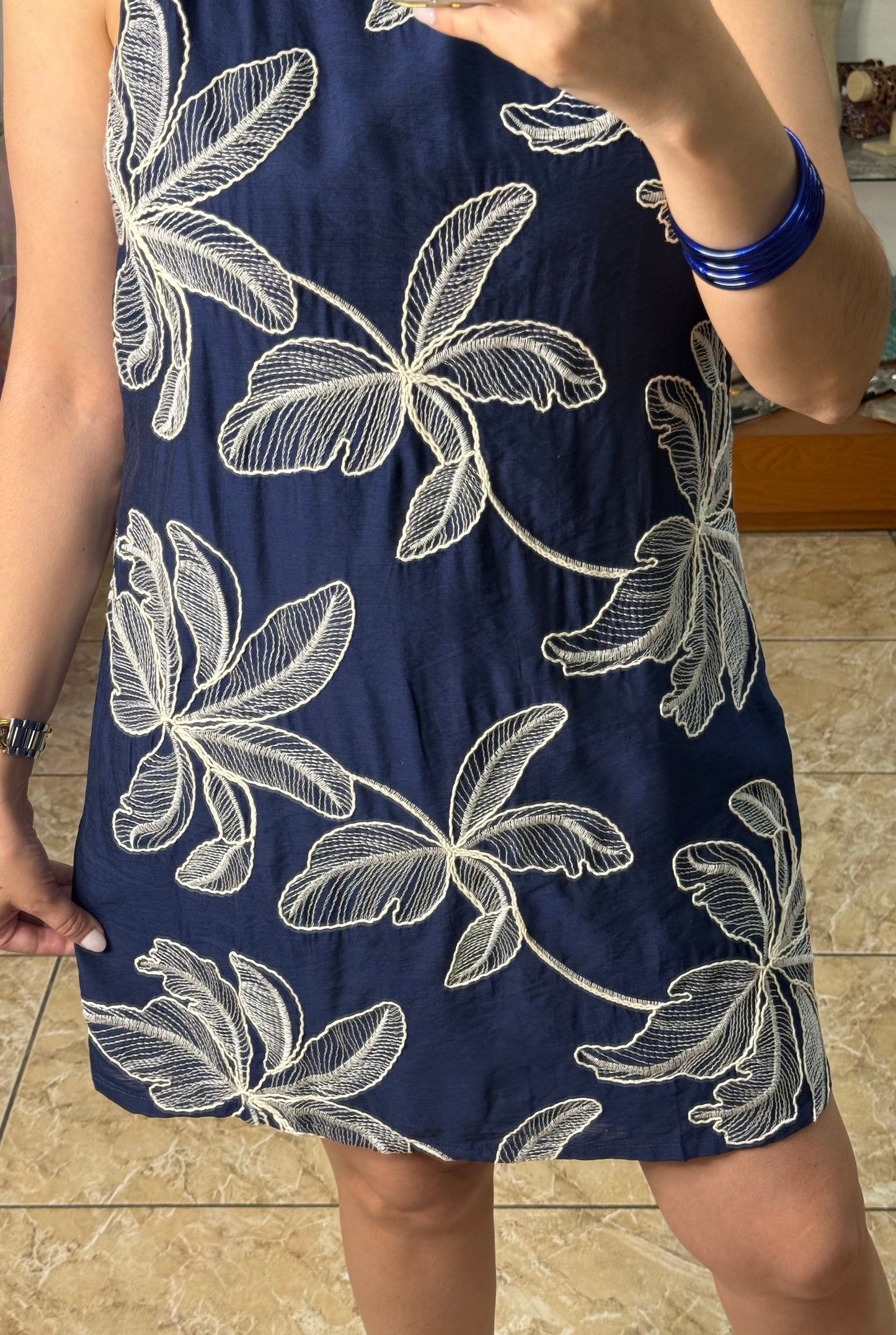 Navy Embroidered Sleeveless Dress