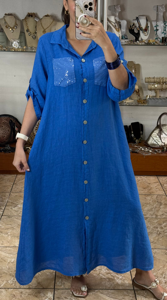OS Button Down Sequins Pockets Linen Dress (FINAL SALE)