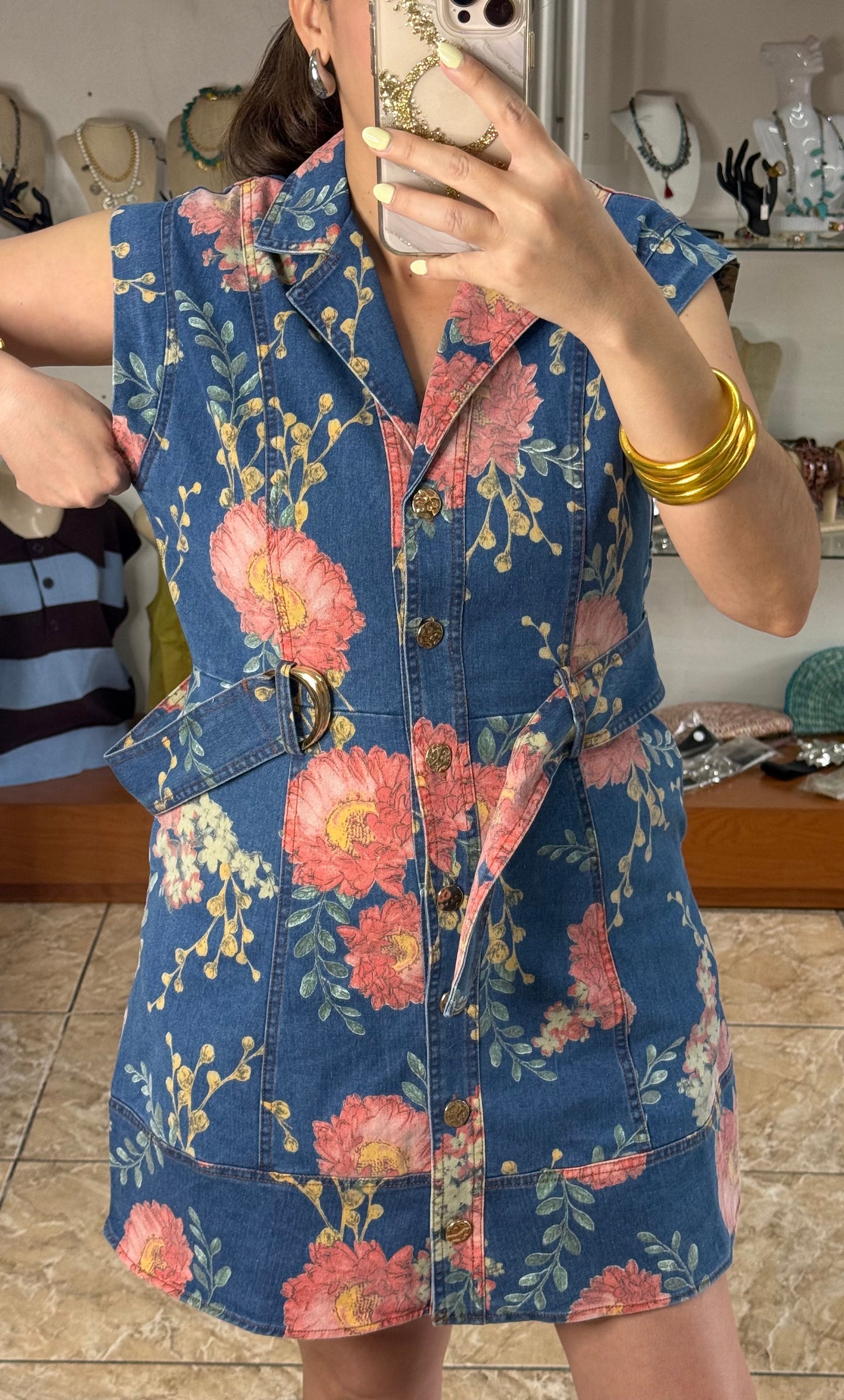 Denim Floral Belted Mini Dress