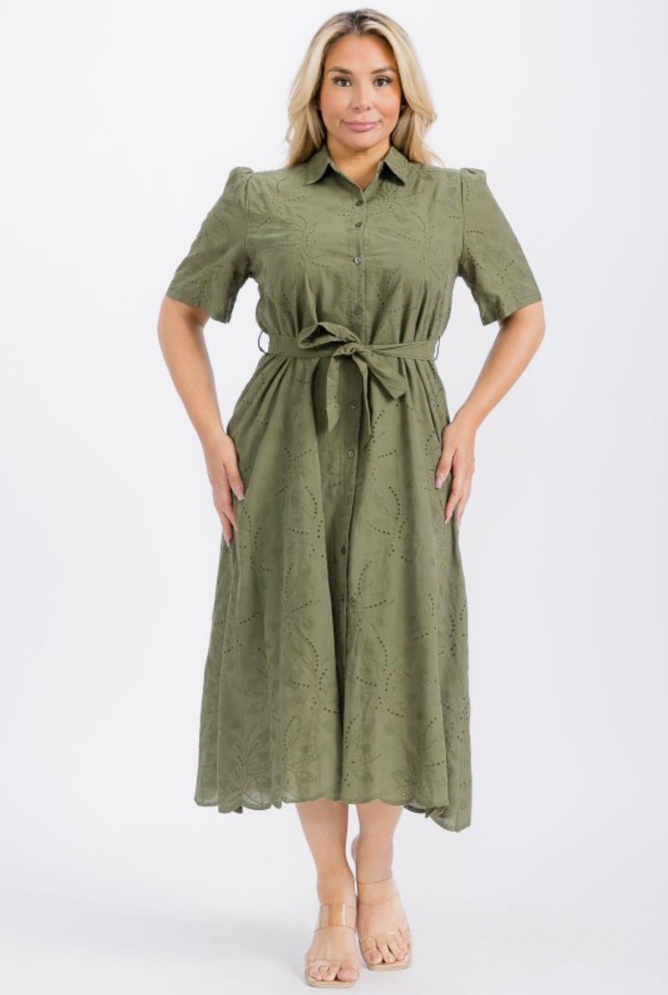 Olive Button Down Eyelet Midi Dress (PLUS)