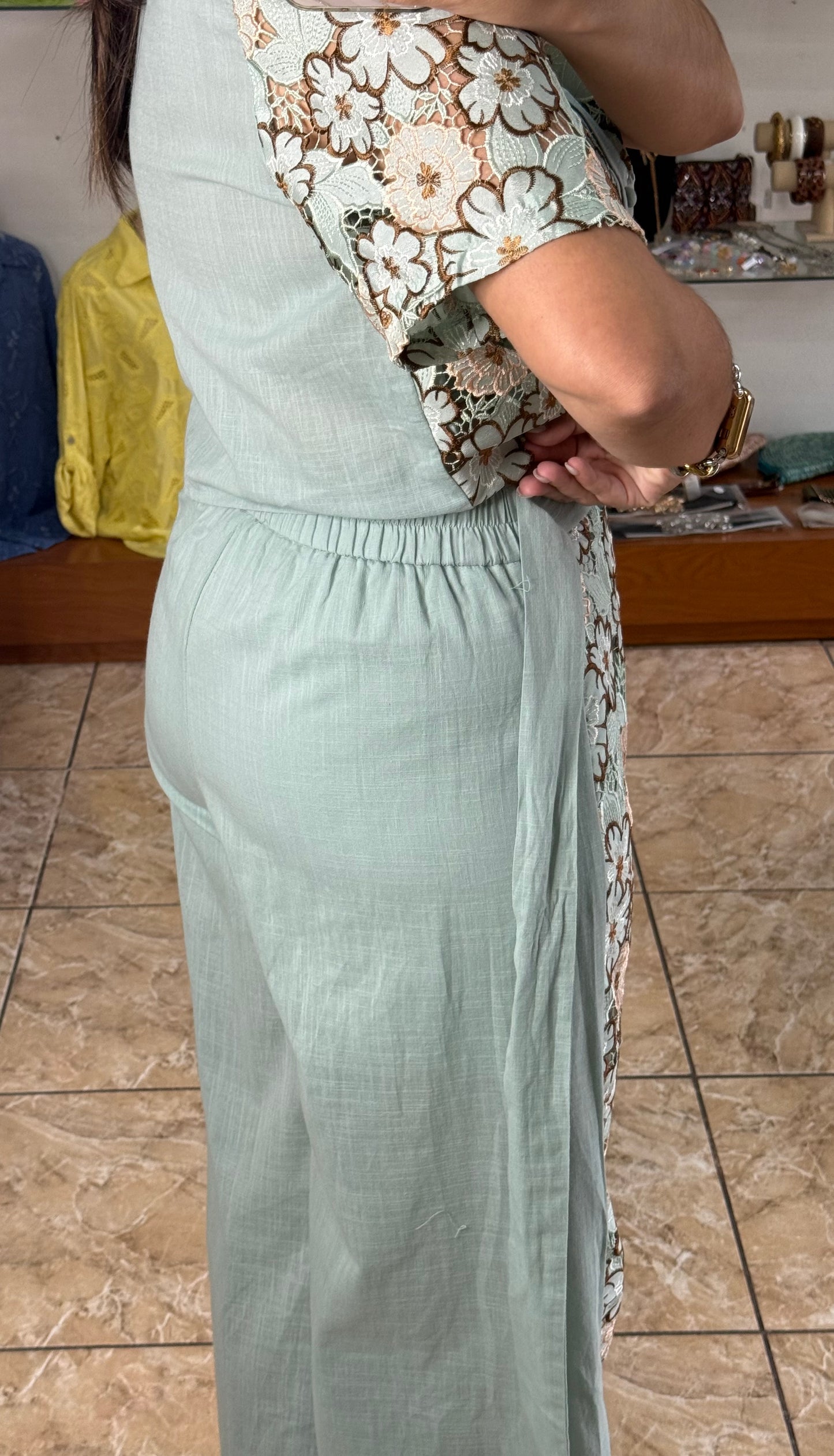Sage Floral Lace Top & Pant Set