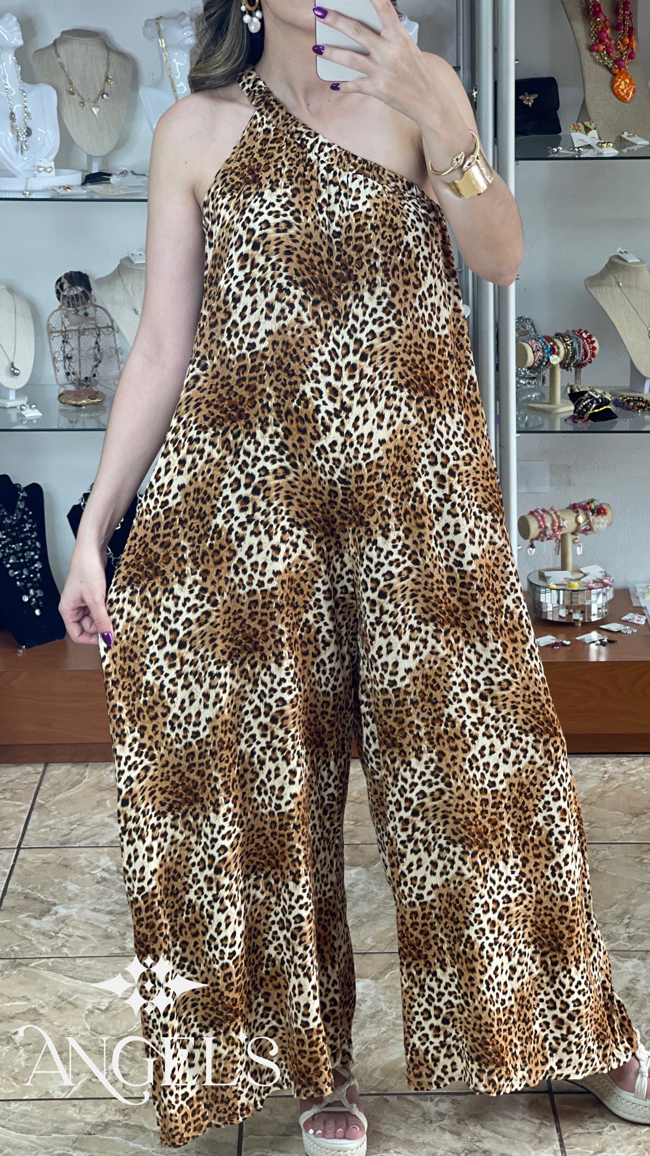 One Shoulder Animal Print Jumpsuit