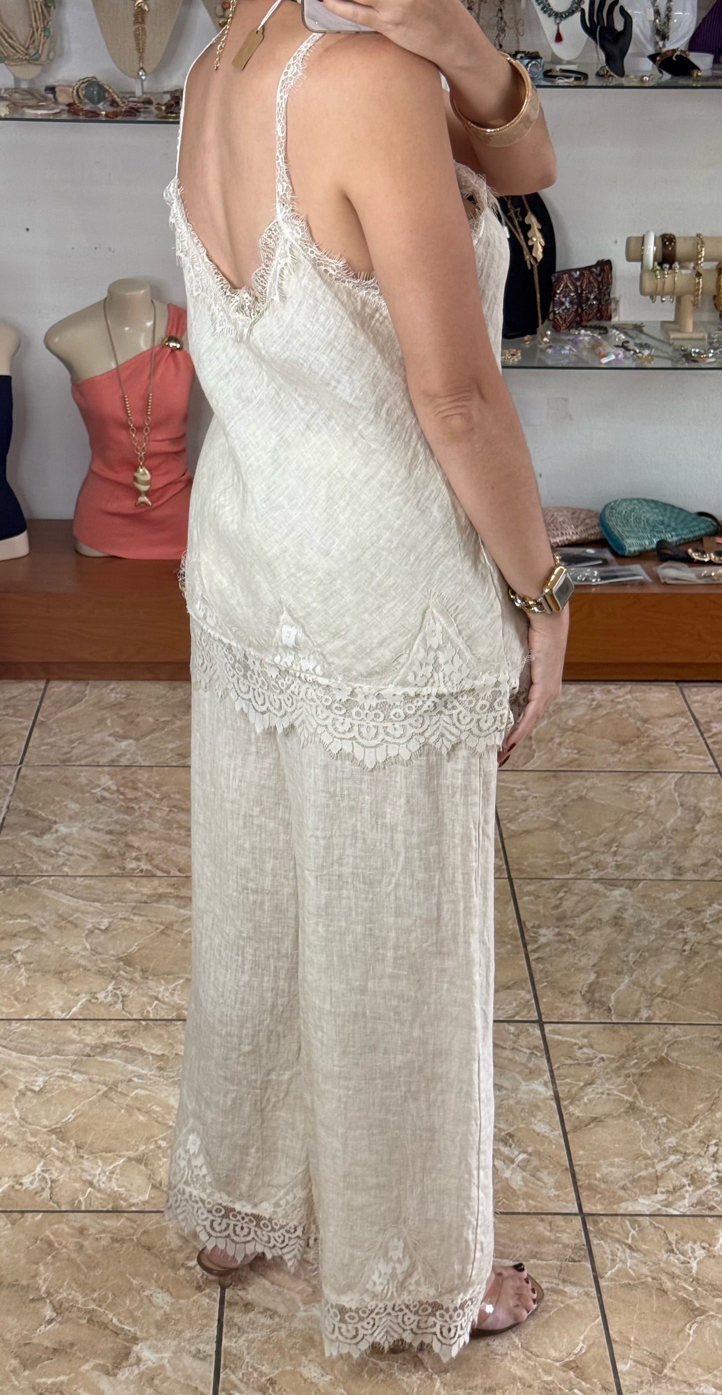 Linen/Lace Top & Pant OS Set (NO RETURNS OR EXCHANGE)