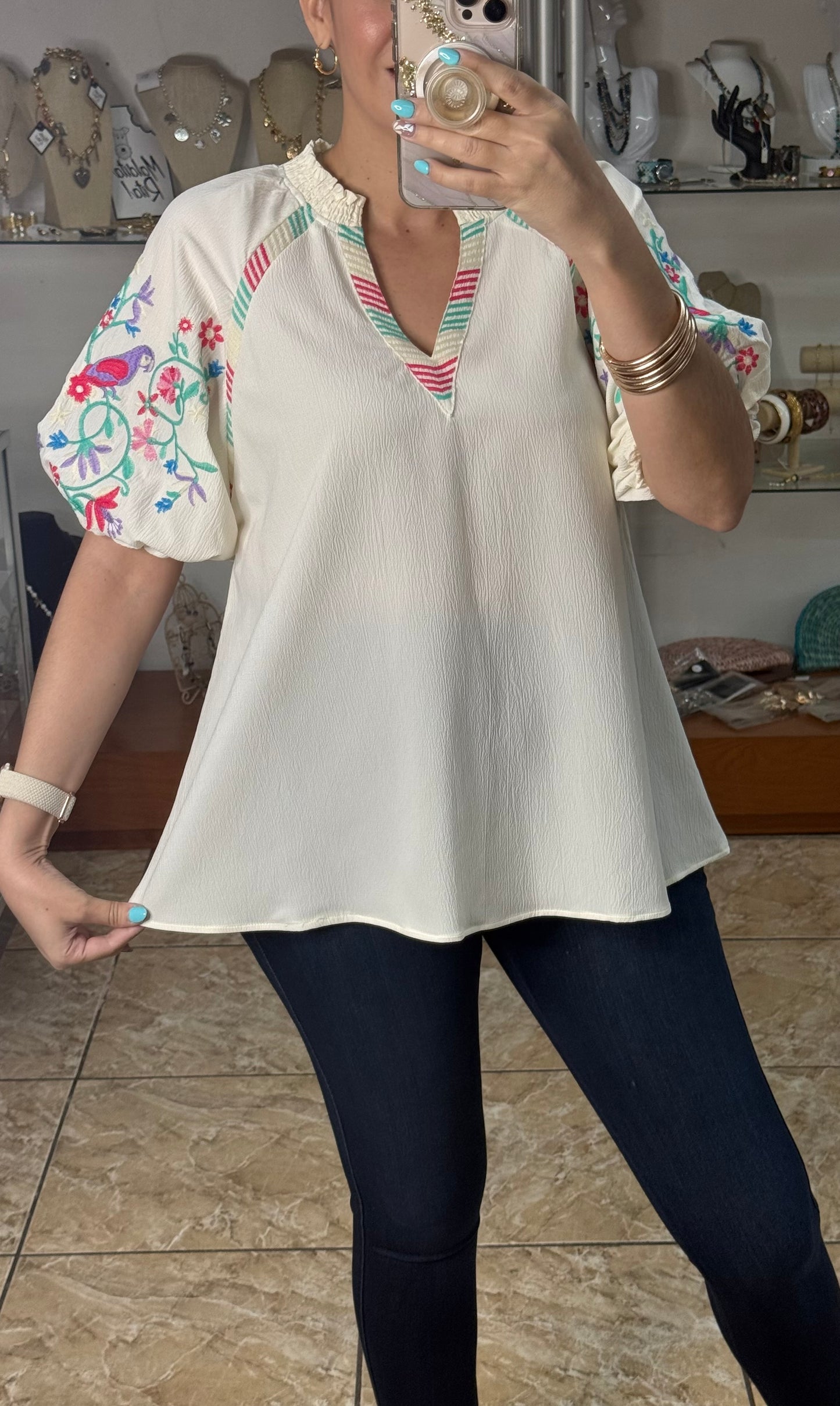 Embroidered Sleeves Cream Top