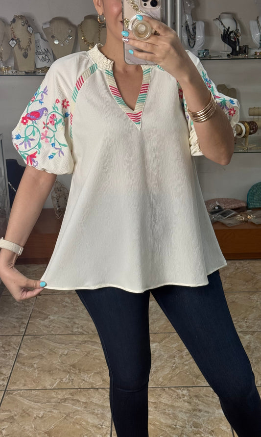 Embroidered Sleeves Cream Top
