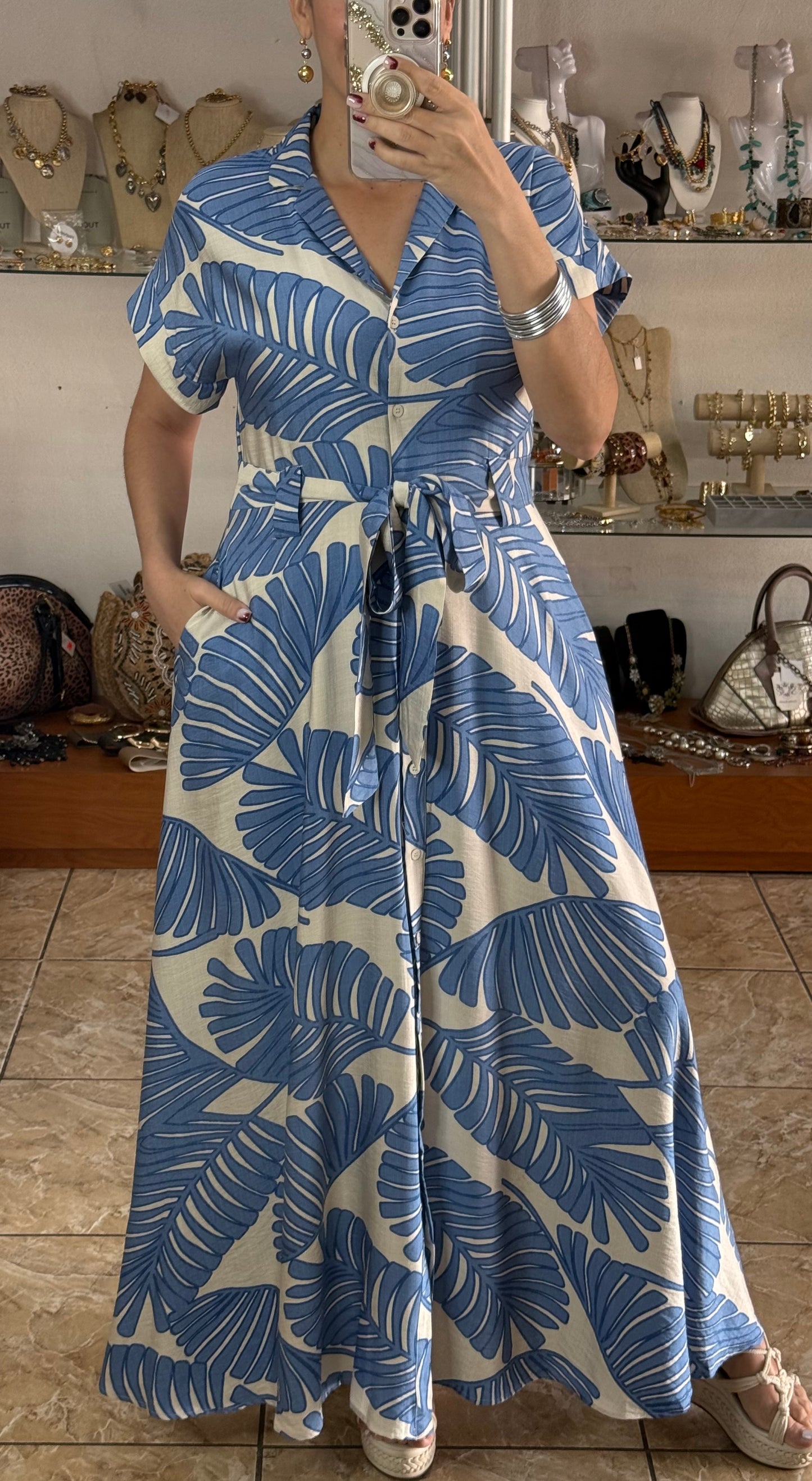 Blue Leaves Belted Maxi Dress