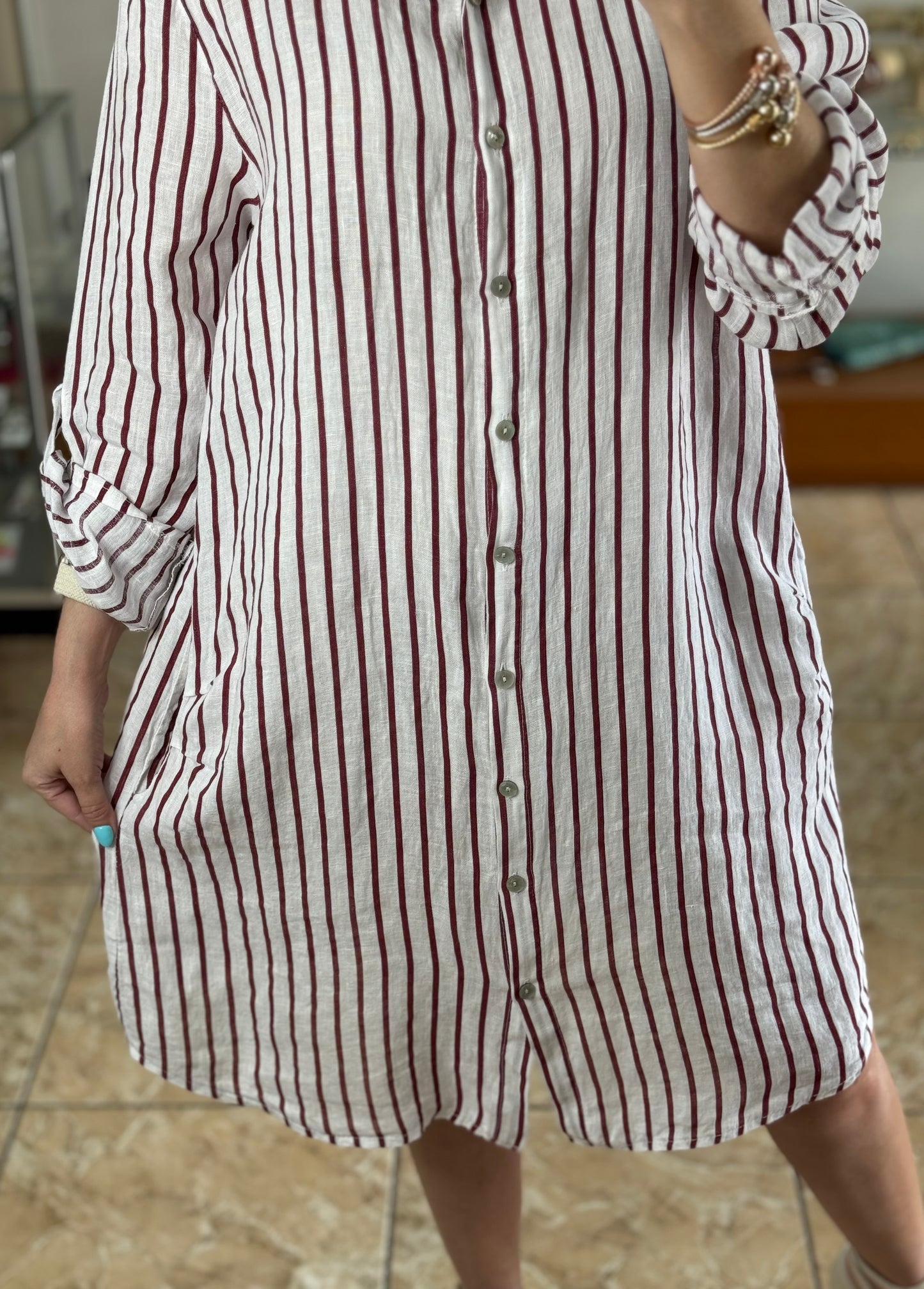 White/Wine OS Stripes Linen Dress (FINAL SALE)