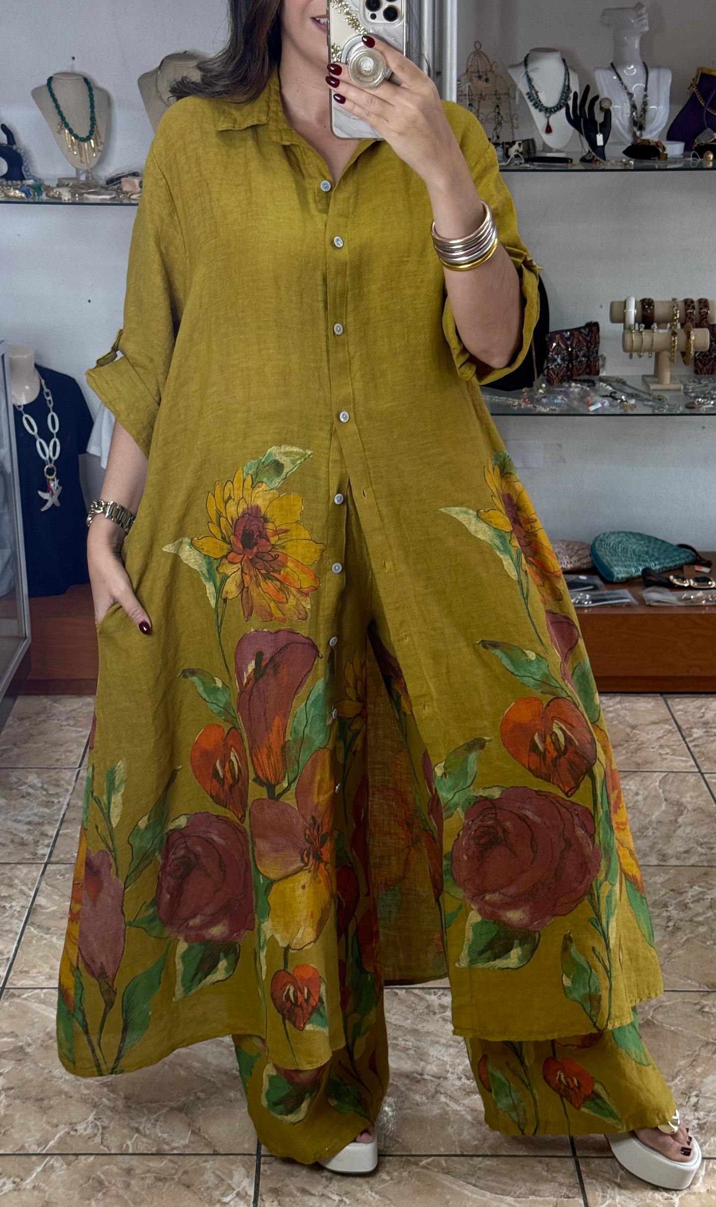 OS Shirt Dress & Pant Floral Linen Set (NO RETURNS OR EXCHANGE)
