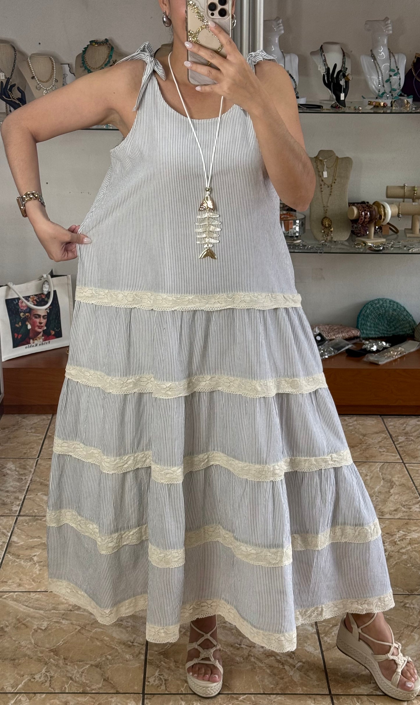 Blue/Cream Stripes with Lace Details Maxi Dress
