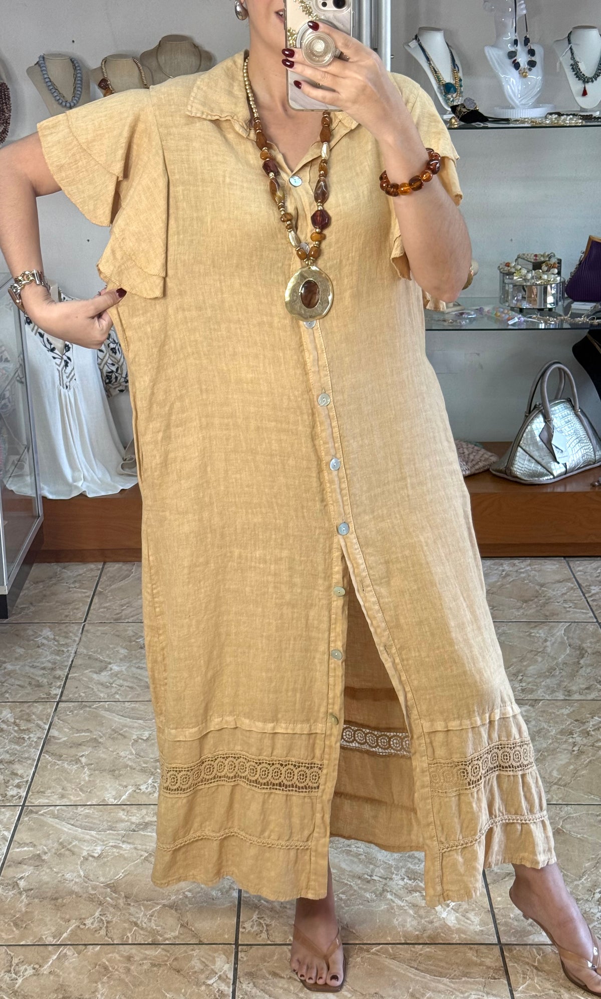OS Ruffle Sleeves Button Down Linen Dress (NO RETURNS OR EXCHANGE)