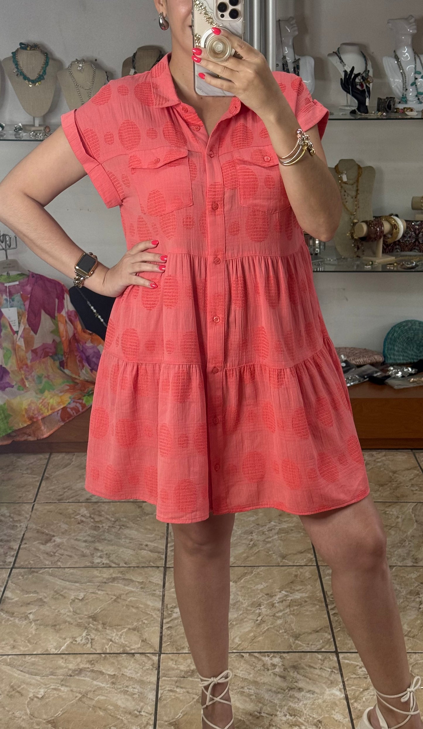 Coral Dobby Dot Jacquard Mini Dress