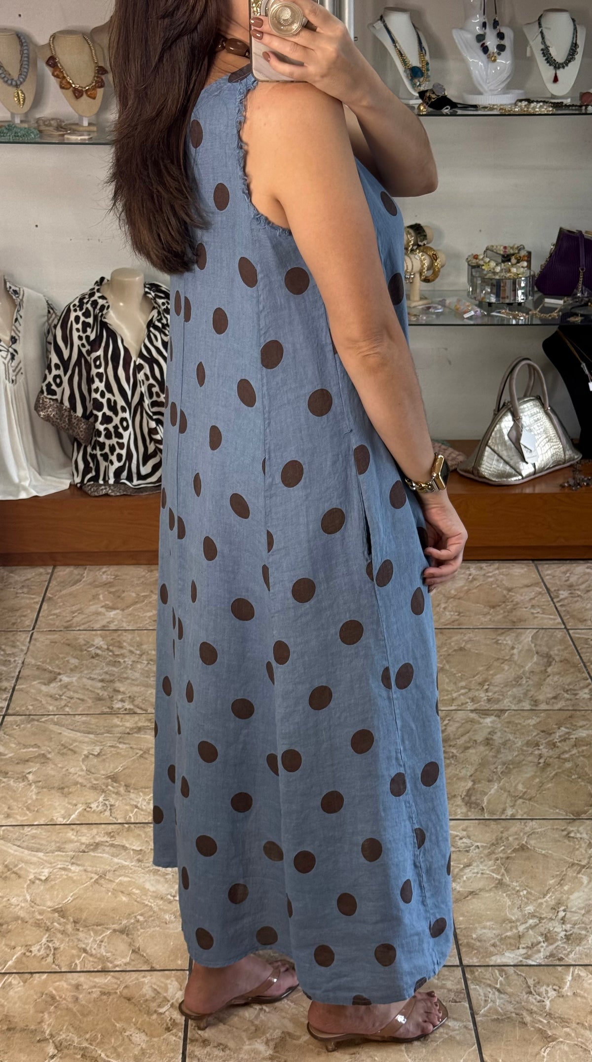 OS Linen Sleeveless Polka Dots Dress (NO RETURNS OR EXCHANGE)