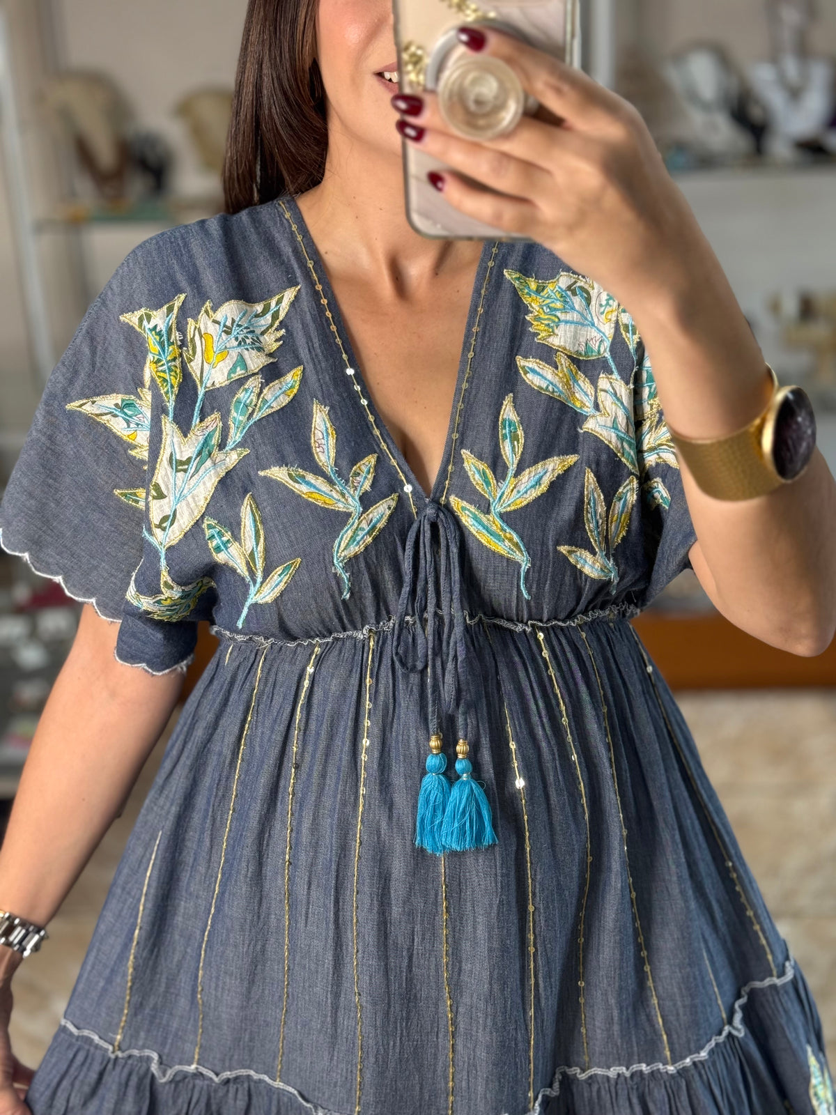 Embroidered Chambray Maxi Dress
