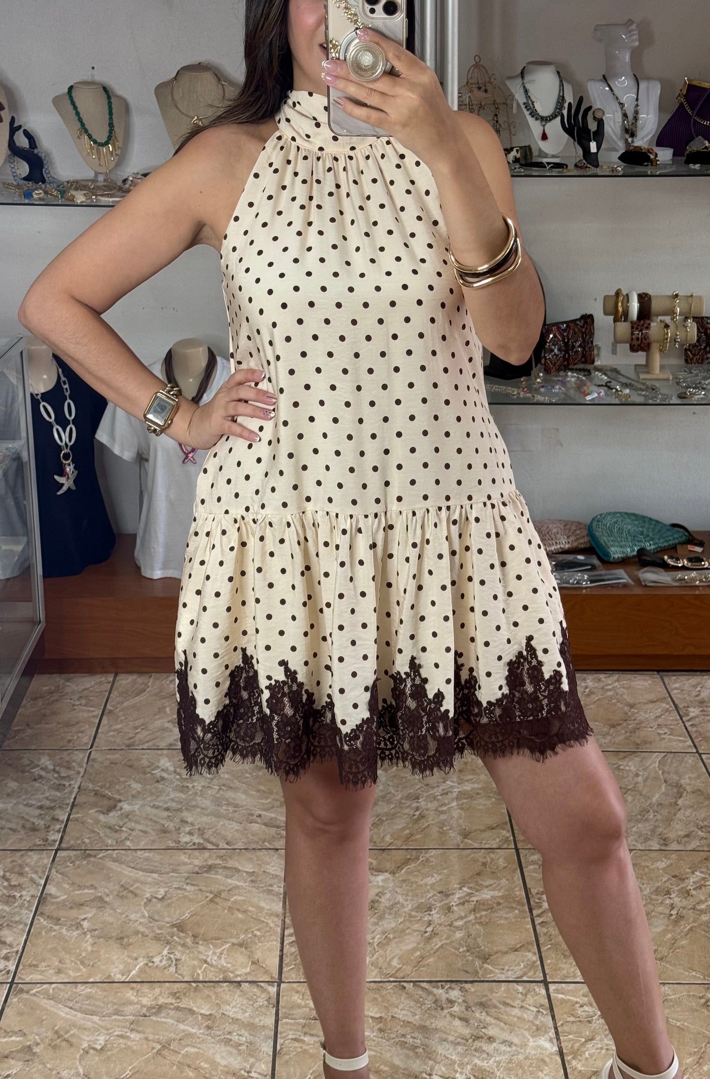 Ecru/Brown Polkadot Halter Mini Dress