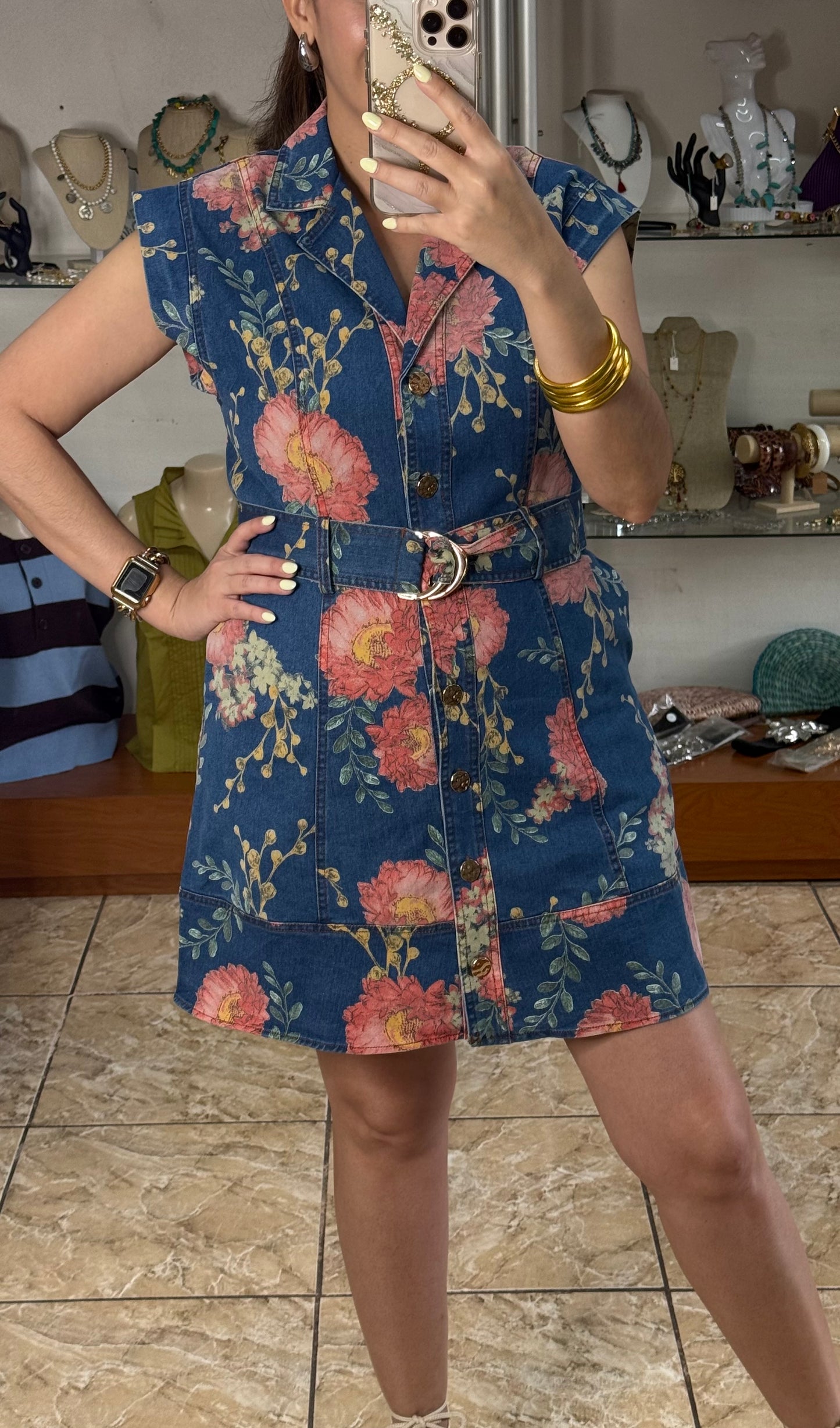 Denim Floral Belted Mini Dress