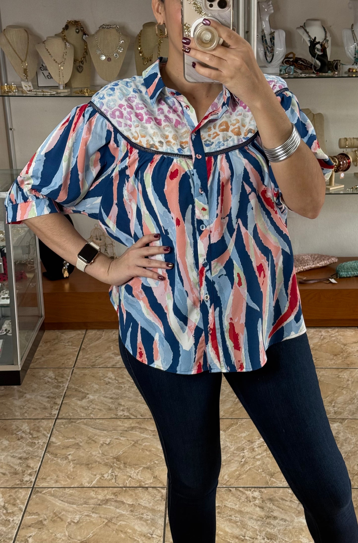Blue Abstract Button Down Top