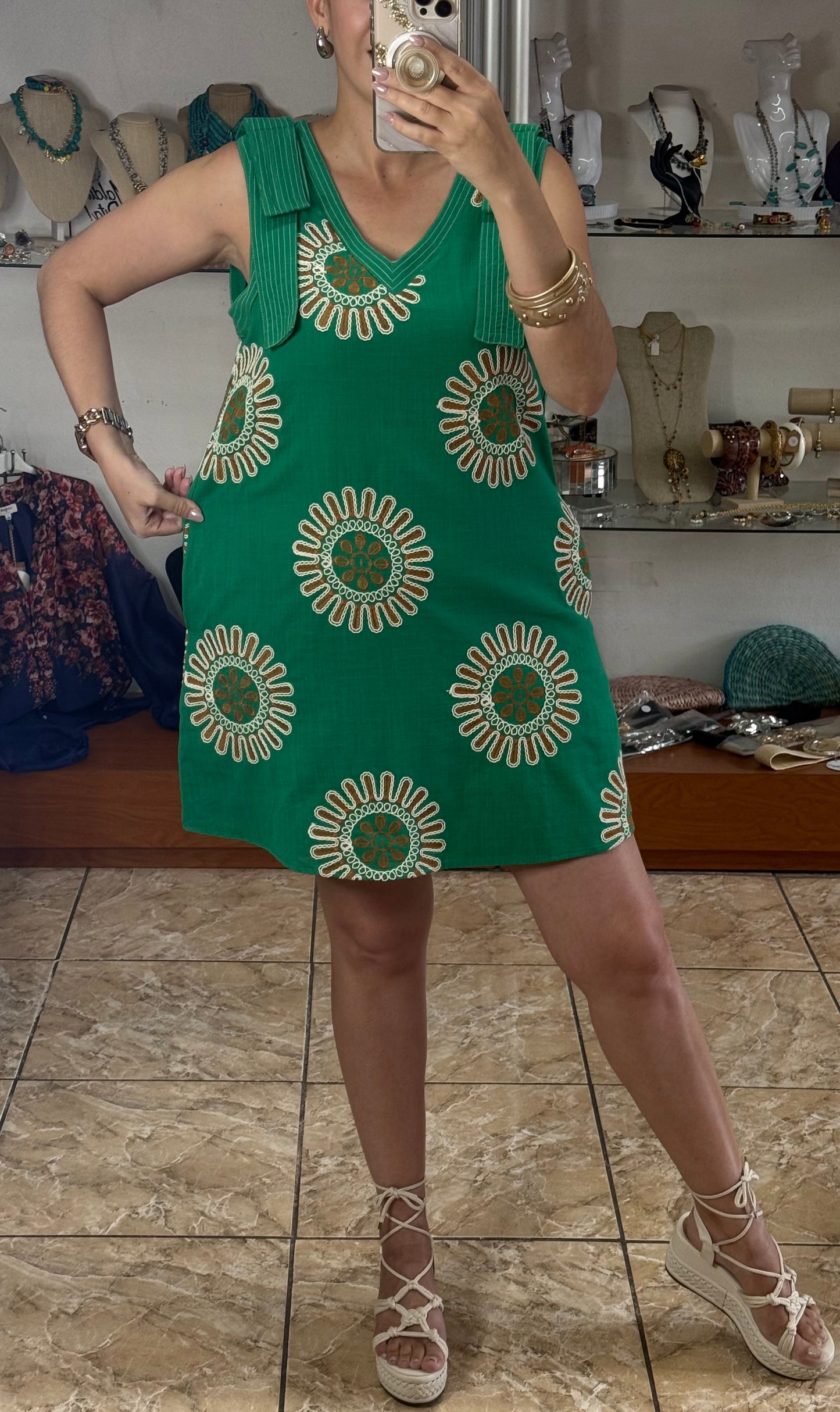 Green Sleeveless V-Neck Mini Dress