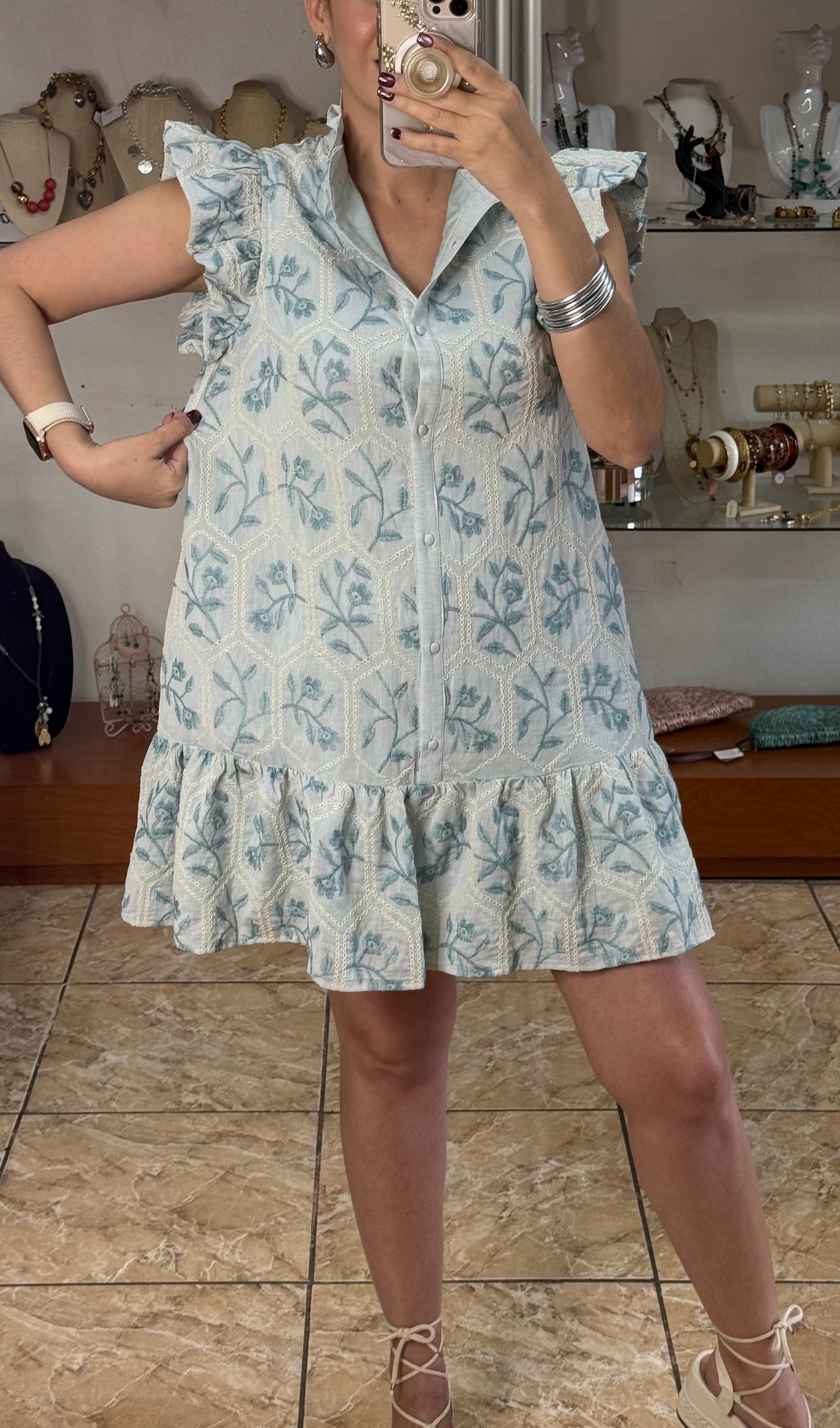 Mint Floral Embroidered Mini Dress