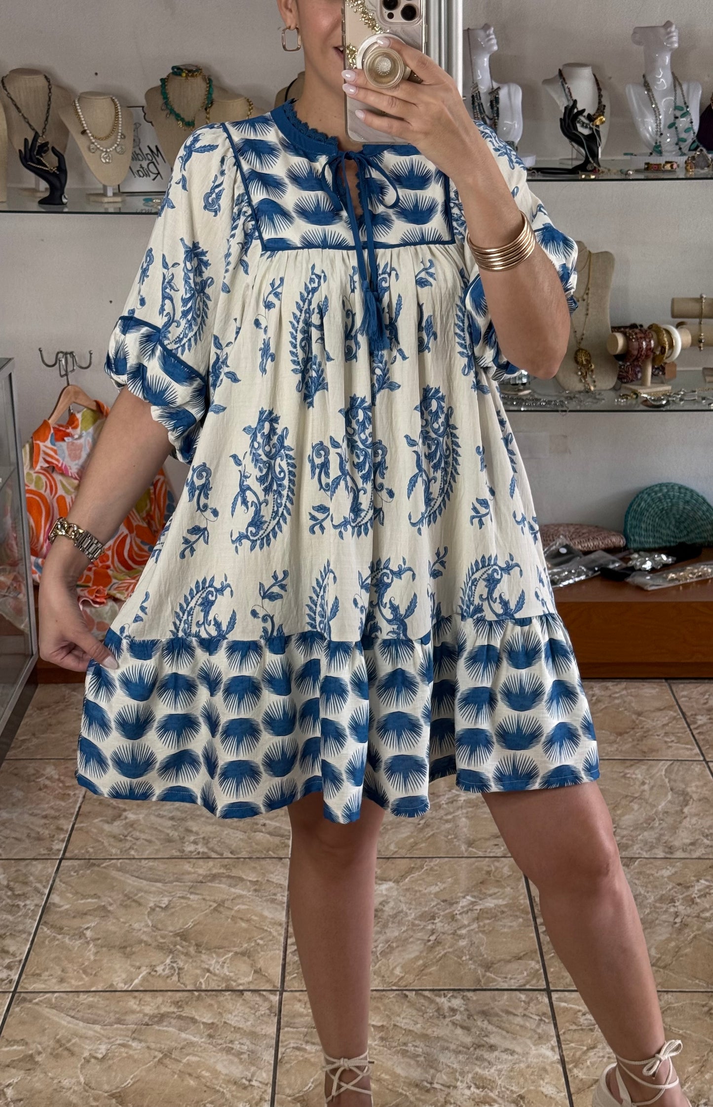 Blue Mix Abstract Print Mini Dress